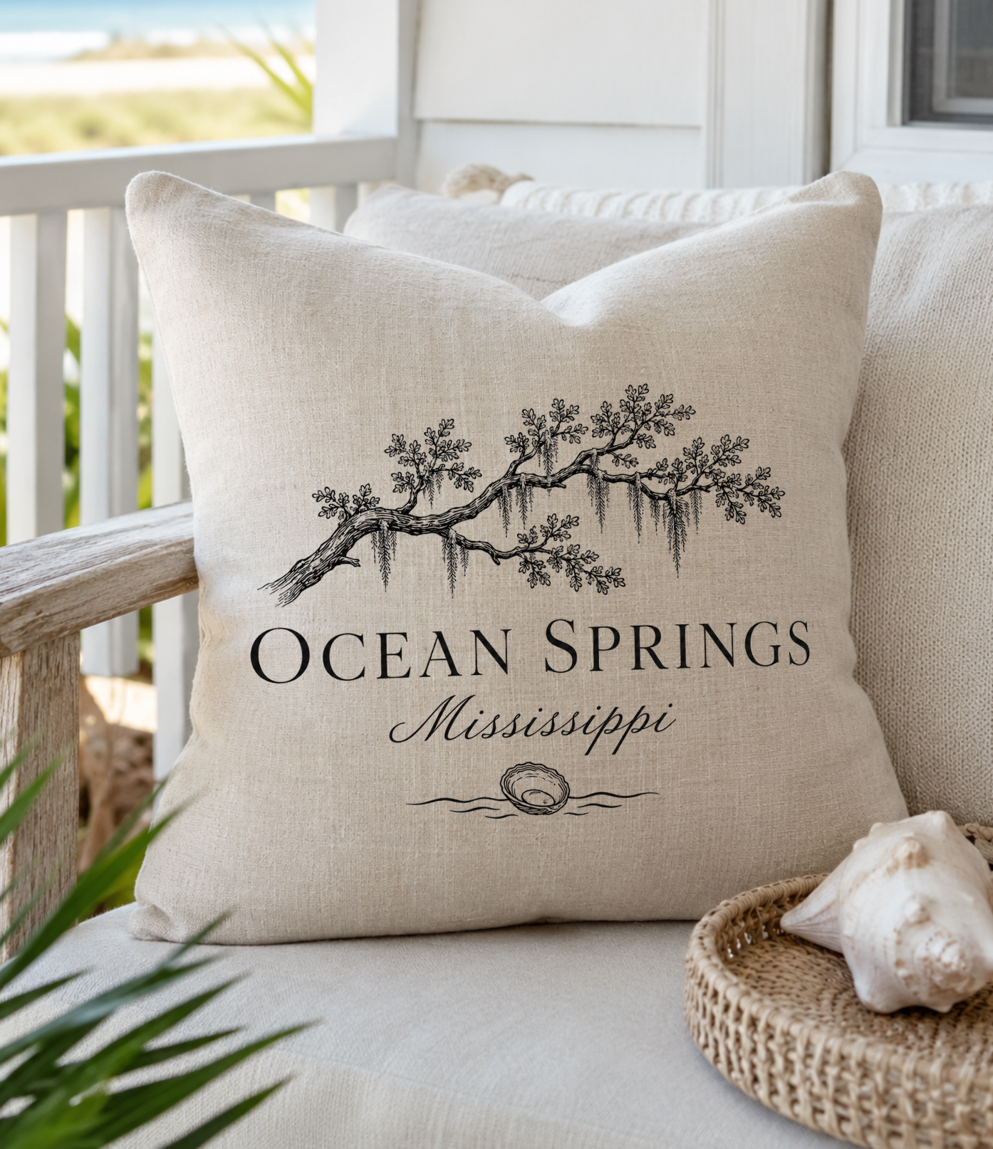 Ocean Springs Mississippi 20x20 Waterproof Lined Throw Pillow Cover | Southern Coastal Linen Porch Pillow Case