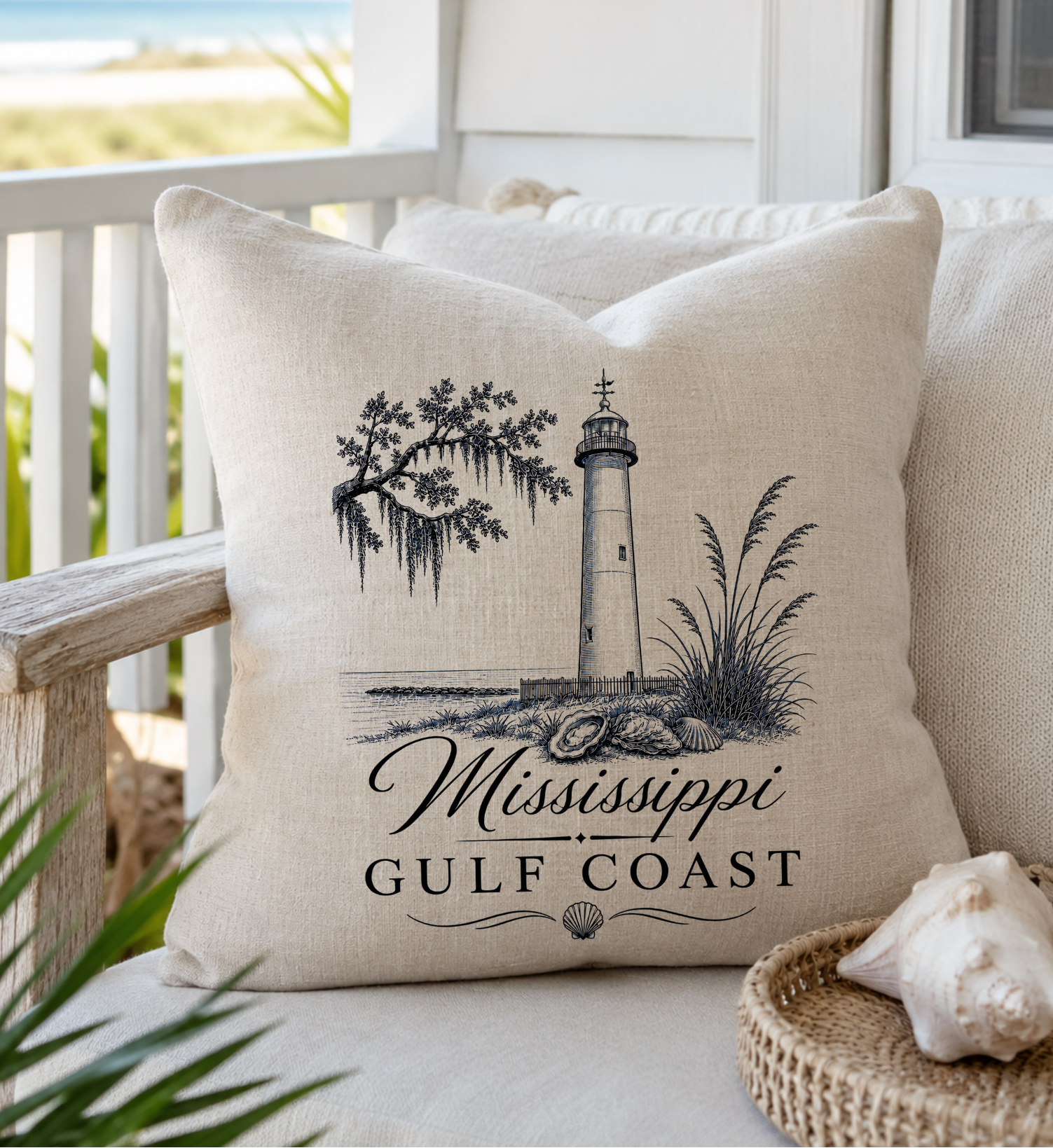 Mississippi Gulf Coast 20x20 Waterproof Lined Throw Pillow Cover | Southern Coastal Linen Porch Pillow Case