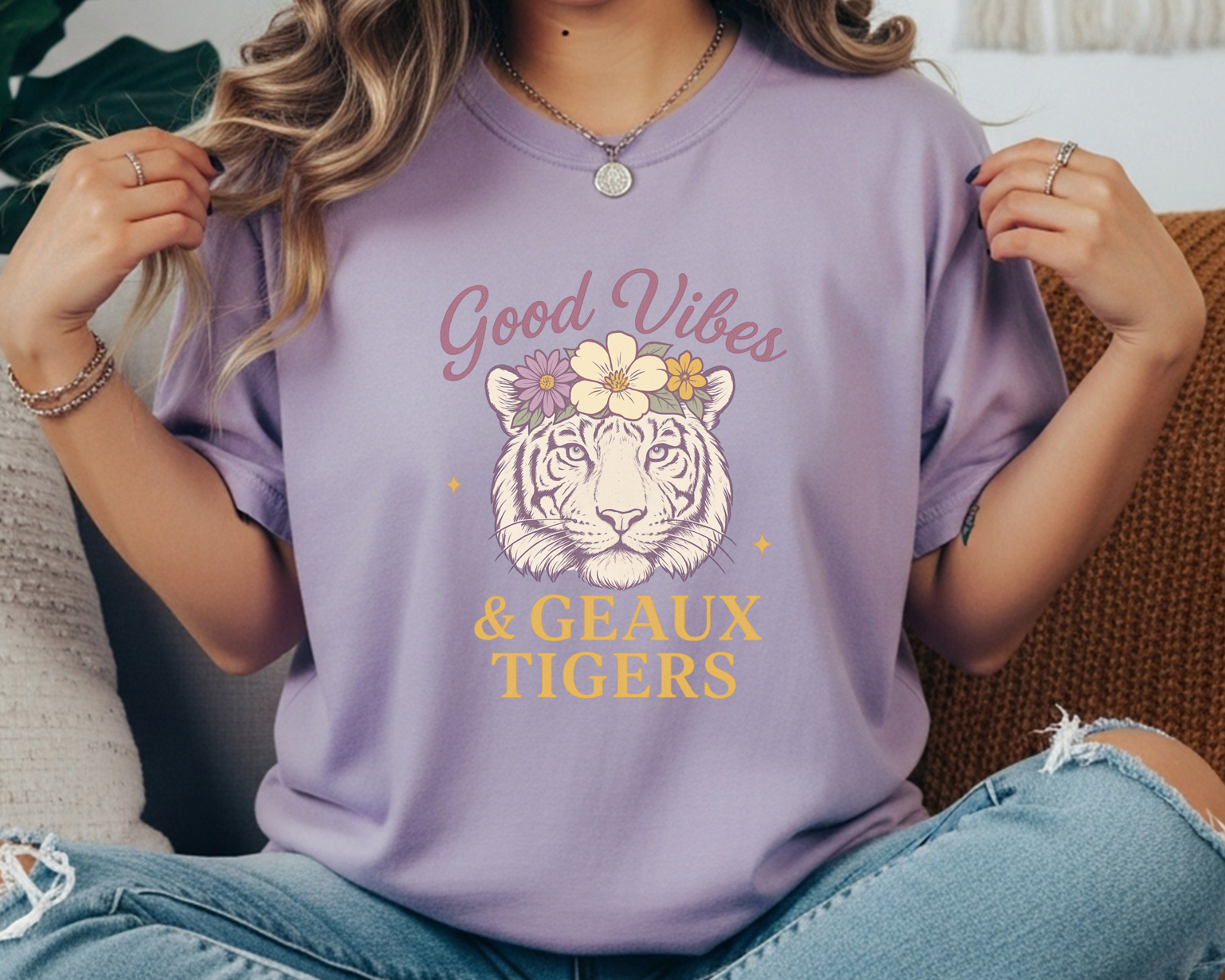 Comfort Colors tee with floral tiger design and text reading “Good Vibes & Geaux Tigers” in gold and mauve print.