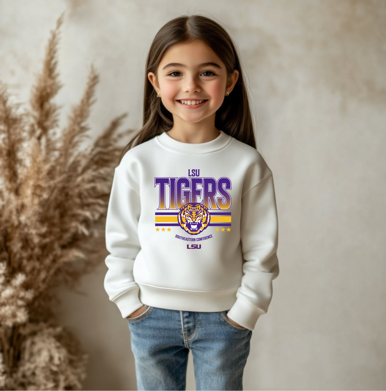 A young girl wearing a youth LSU Tigers-inspired crewneck sweatshirt with bold purple and gold graphics featuring a tiger design, smiling and ready for game day.