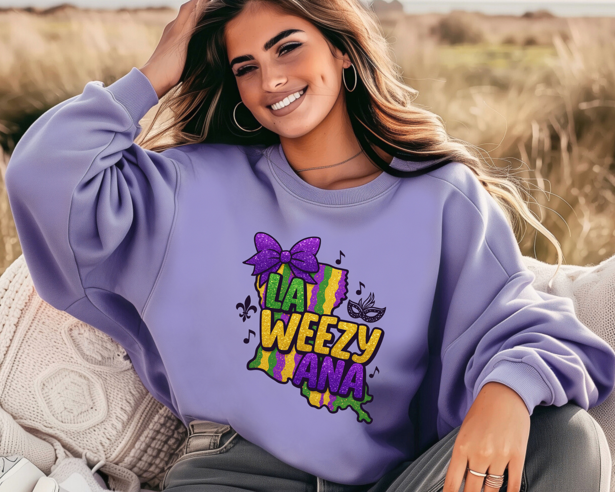 Woman wearing a lavender Comfort Colors crewneck sweatshirt featuring a colorful Louisiana Mardi Gras “La Weezy Ana” graphic with bow and festive accents.