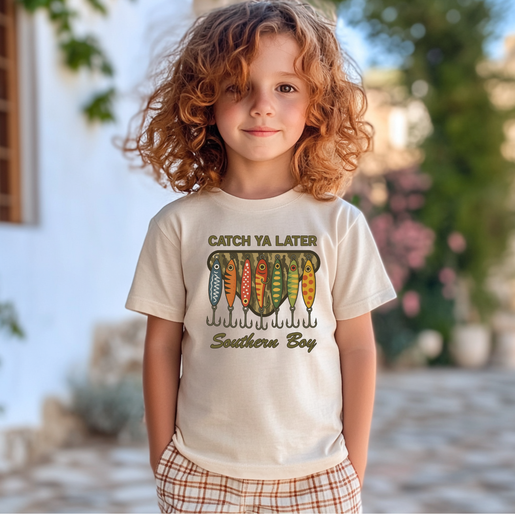 Youth cream t-shirt featuring a colorful row of vintage fishing lures with “Catch Ya Later Southern Boy” text in olive green. Modeled by a curly-haired boy outdoors, perfect for southern kids who love fishing and farm life.