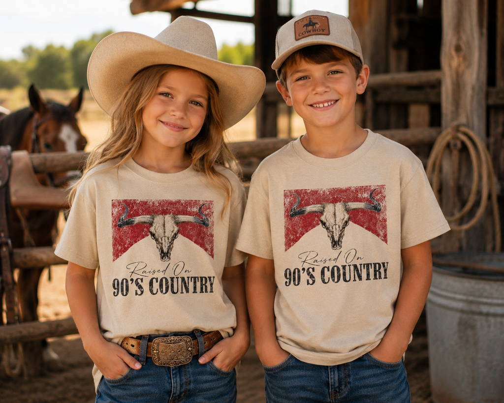 Youth Raised on 90's Country Graphic Tee - Kids Western Cow Skull Shirt - Exclusive Boutique Design - Gildan Youth Tee