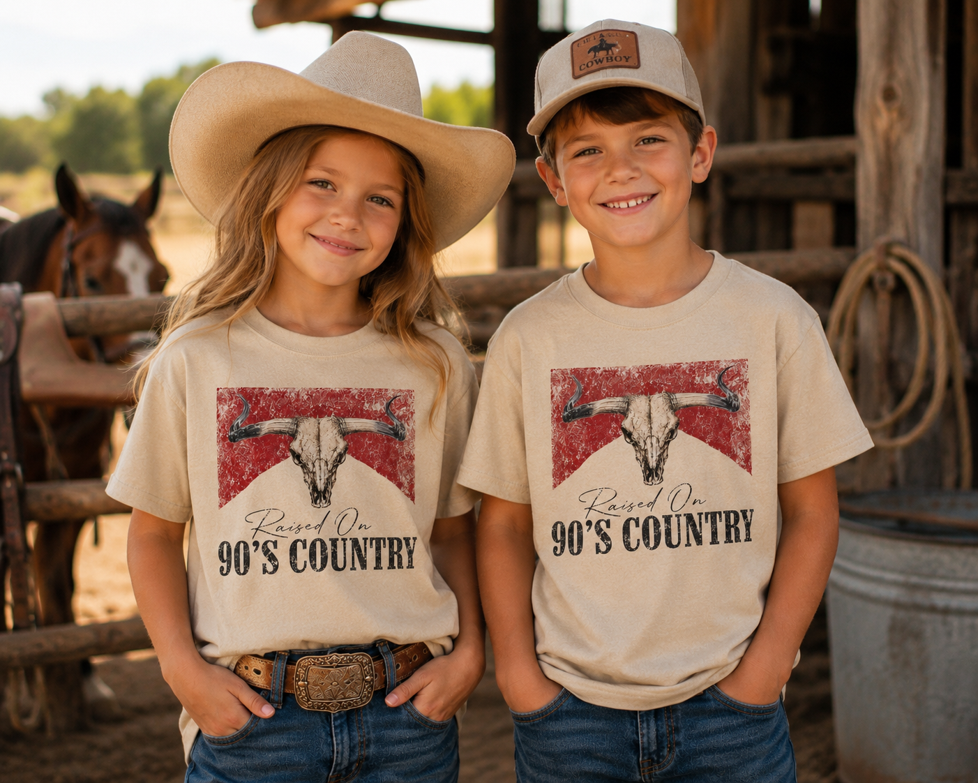 Youth Raised on 90's Country Graphic Tee - Kids Western Cow Skull Shirt - Exclusive Boutique Design - Gildan Youth Tee