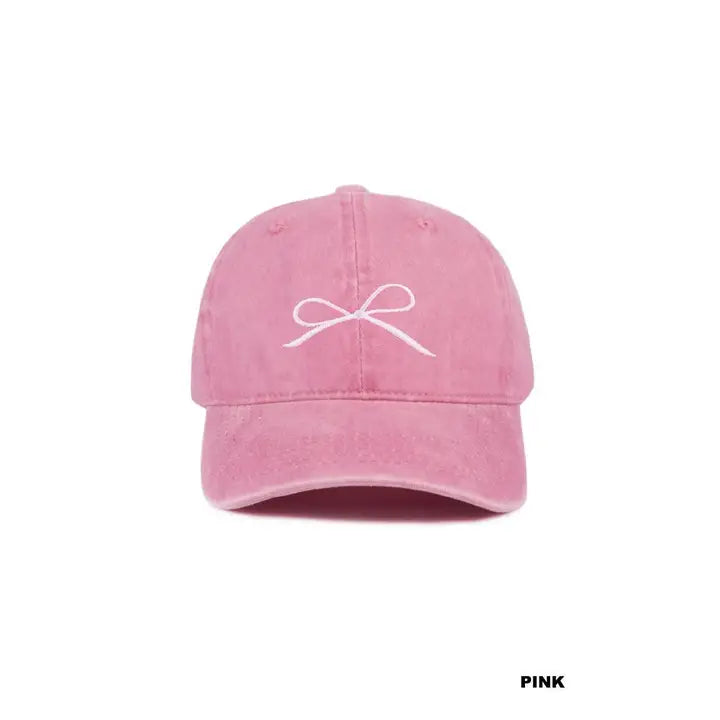 Coquette Ribbon Bow Embroidery Washed Hat