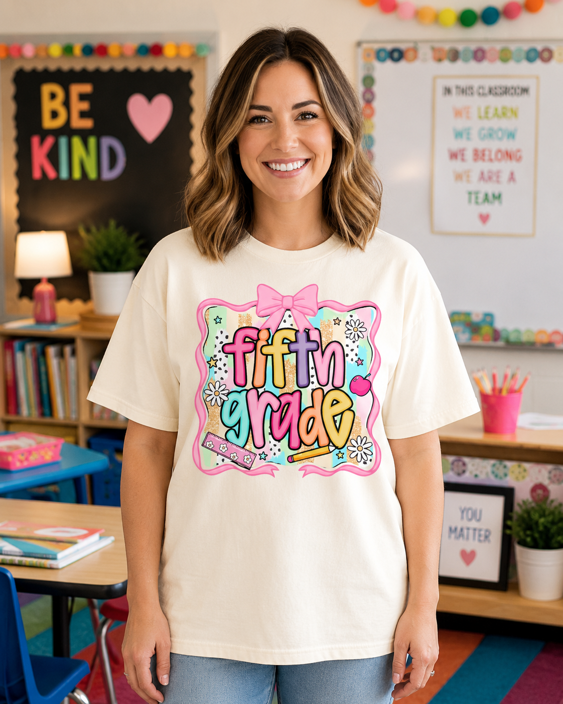 Fifth Grade Teacher Graphic Tee - Colorful Back to School Shirt - Comfort Colors Unisex Fit Teacher Tee