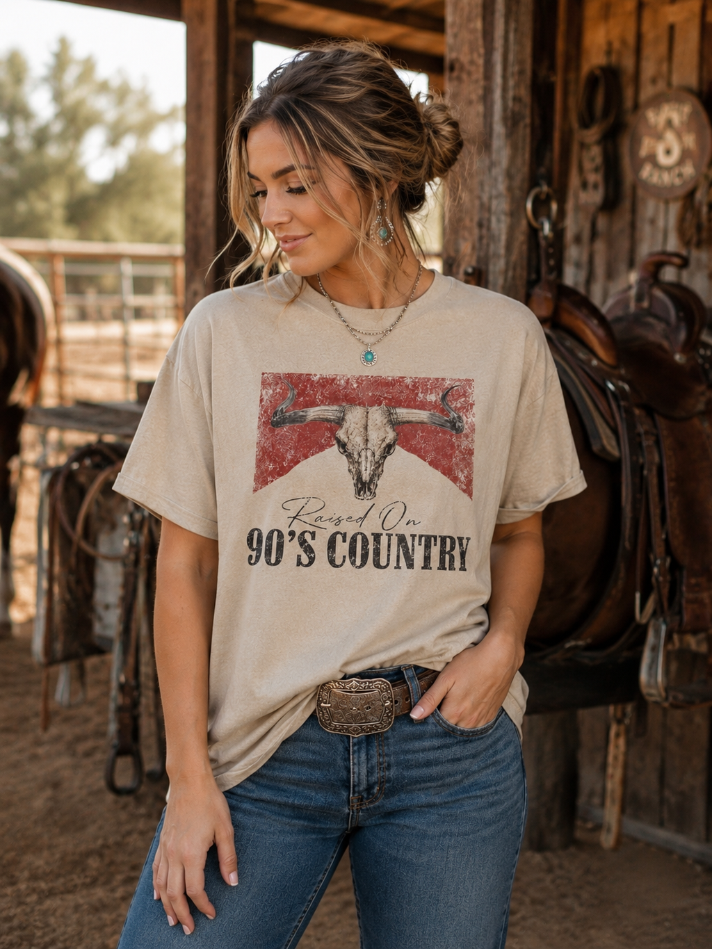 Raised on 90's Country Graphic Tee - Western Cow Skull Shirt - Exclusive Boutique Design - Gildan Unisex Fit Tee