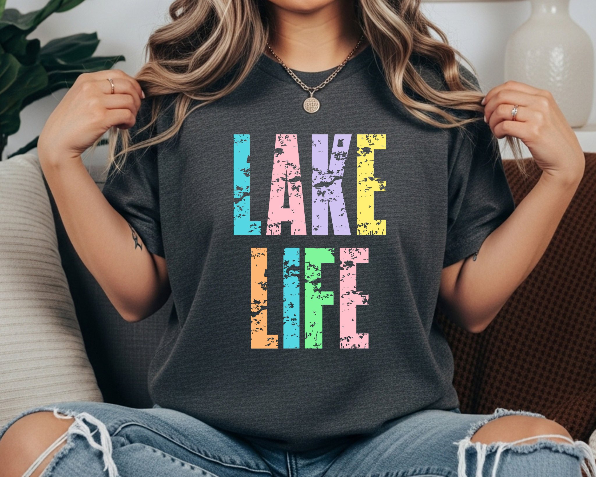 Lake Life Retro Pastel Graphic Tee – Distressed Summer Vacation Shirt