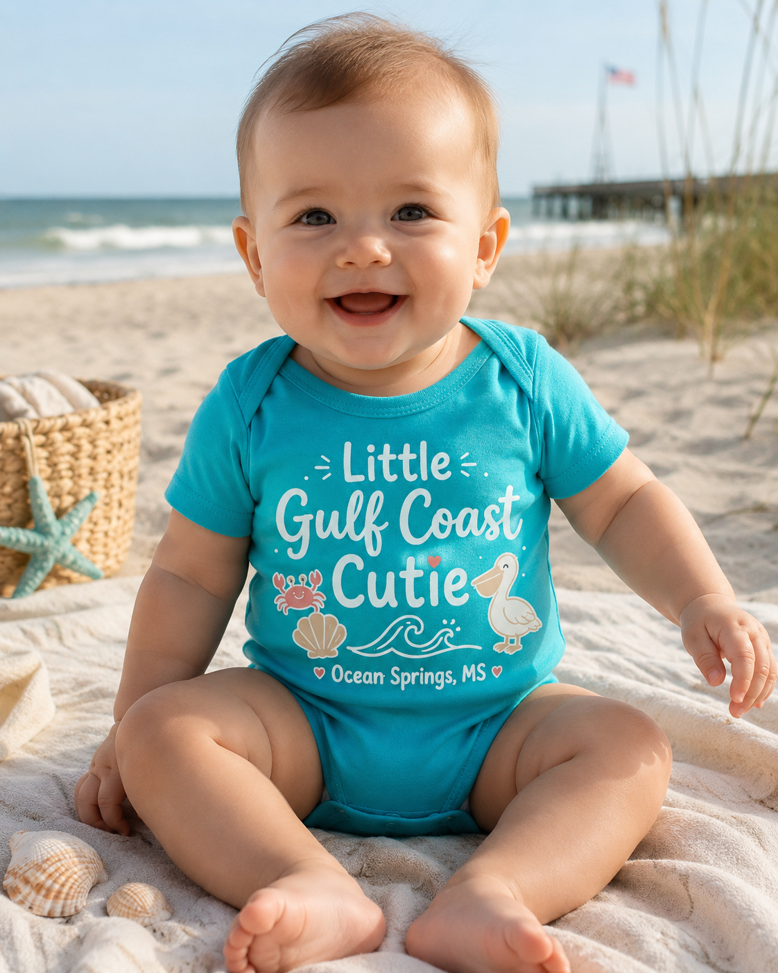 Little Gulf Coast Cutie Baby Onesie | Ocean Springs MS Baby Bodysuit | Gulf Coast Beach Baby Outfit