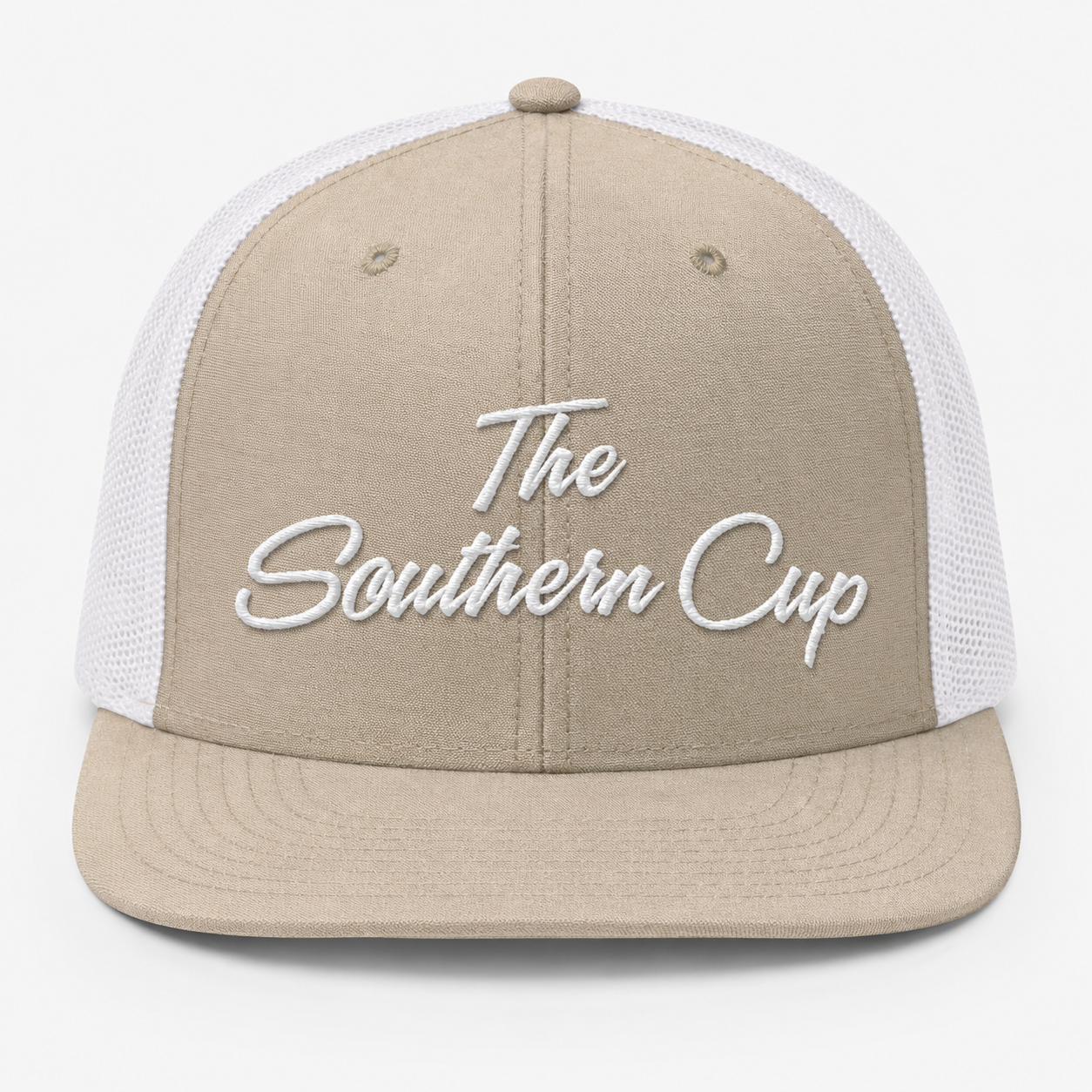 Southern Cup Script Logo Embroidered Black Mesh Trucker Hat | OTTO CAP® 6 Panel Snapback