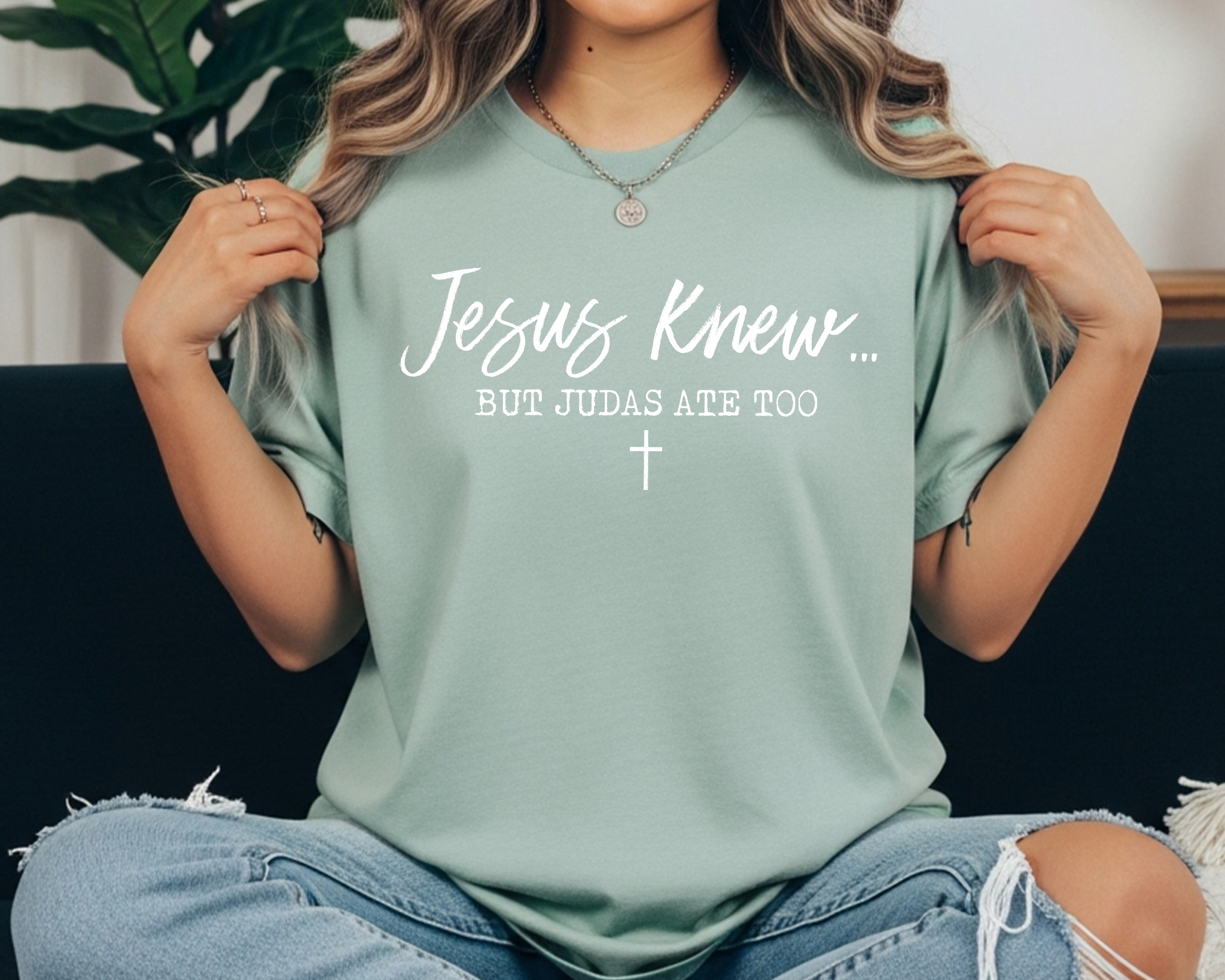 bay Comfort Colors tee with white text reading “Jesus Knew… But Judas Ate Too” Christian faith design.