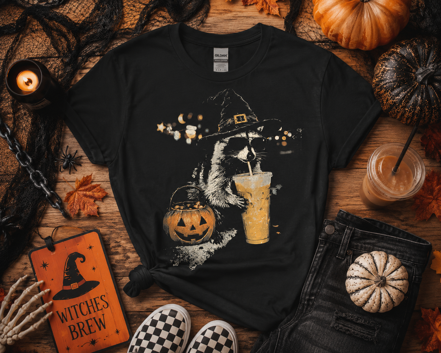 Halloween Raccoon Graphic Tee - Funny Pumpkin Spice Shirt - Spooky Season Gildan Unisex Fit Tee