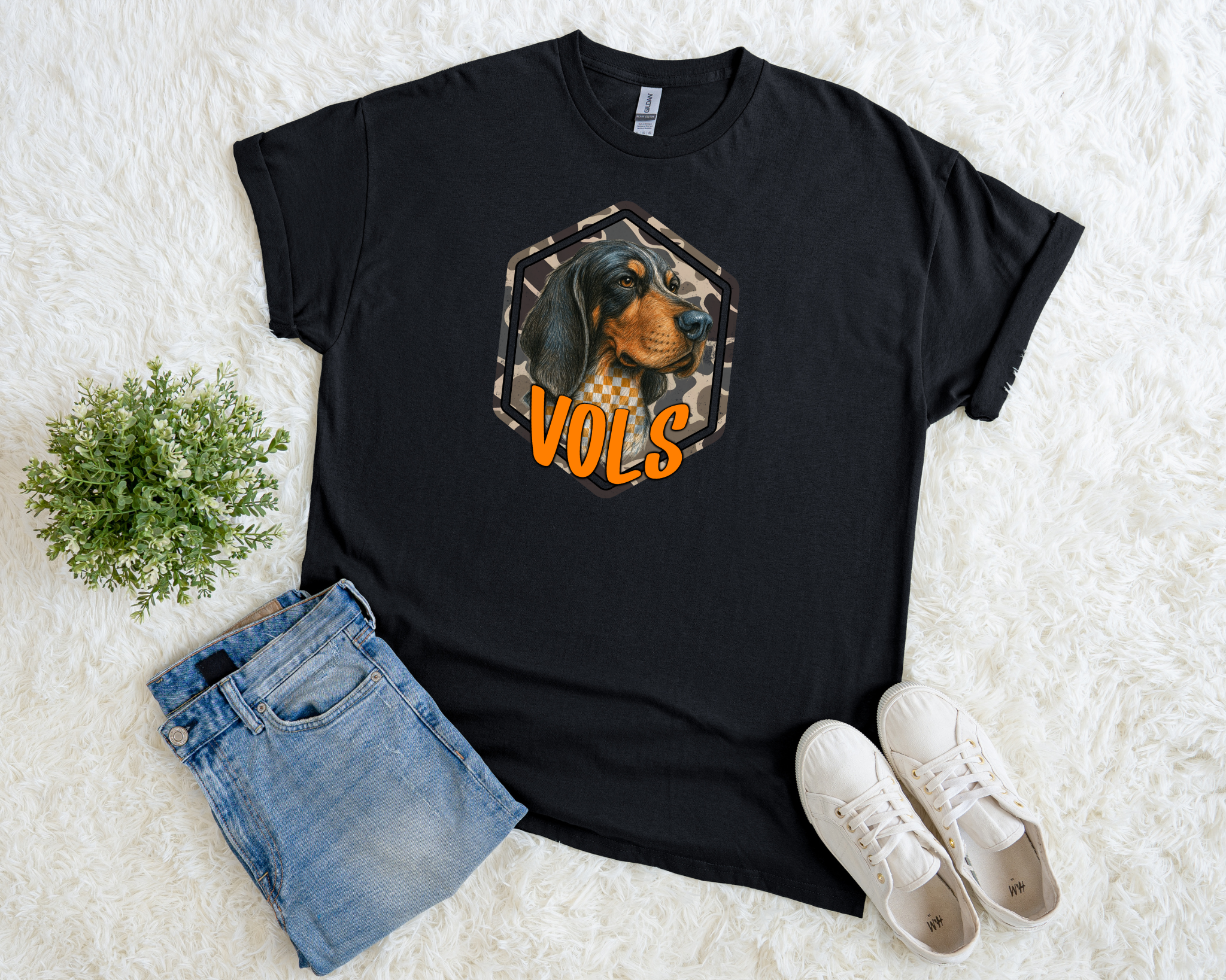 Adult camo Smokey VOLS t-shirt featuring a hound dog with checkerboard and camo accents