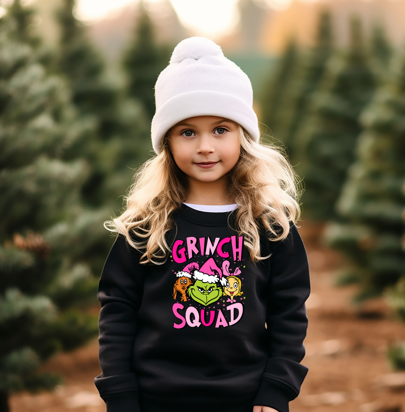 A young girl wearing a black sweatshirt with a “Grinch Squad” Christmas design, standing outdoors at a Christmas tree farm with a festive winter backdrop.
