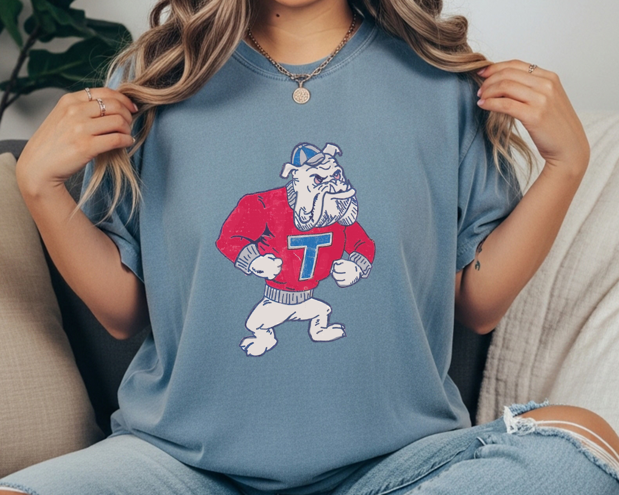 Louisiana Tech Bulldogs Comfort Colors t-shirt in slate blue featuring a vintage standing bulldog mascot wearing a red sweater with a T logo.