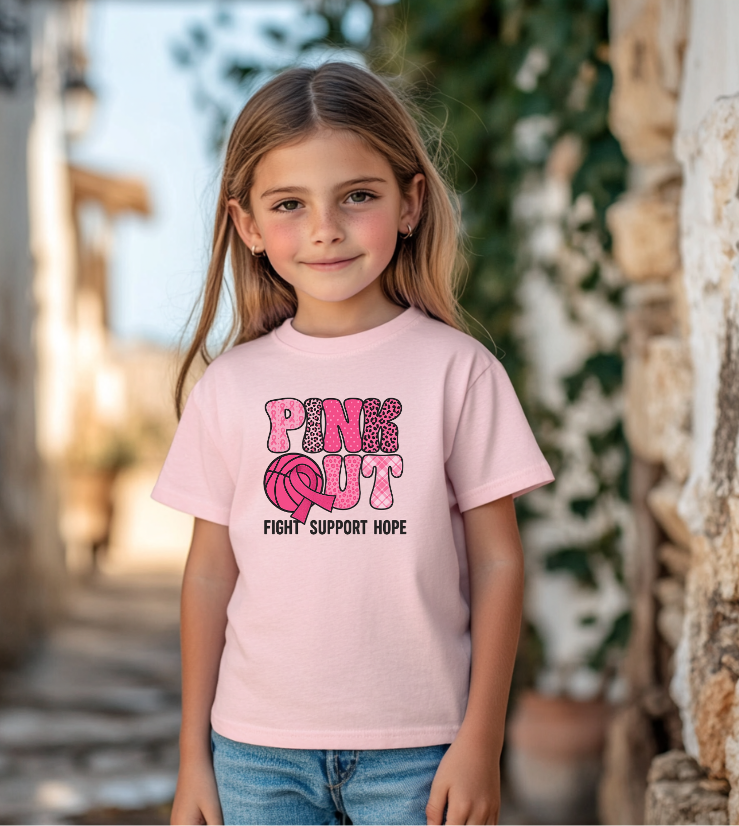 Young girl wearing a pink t-shirt with a message, standing outdoors.