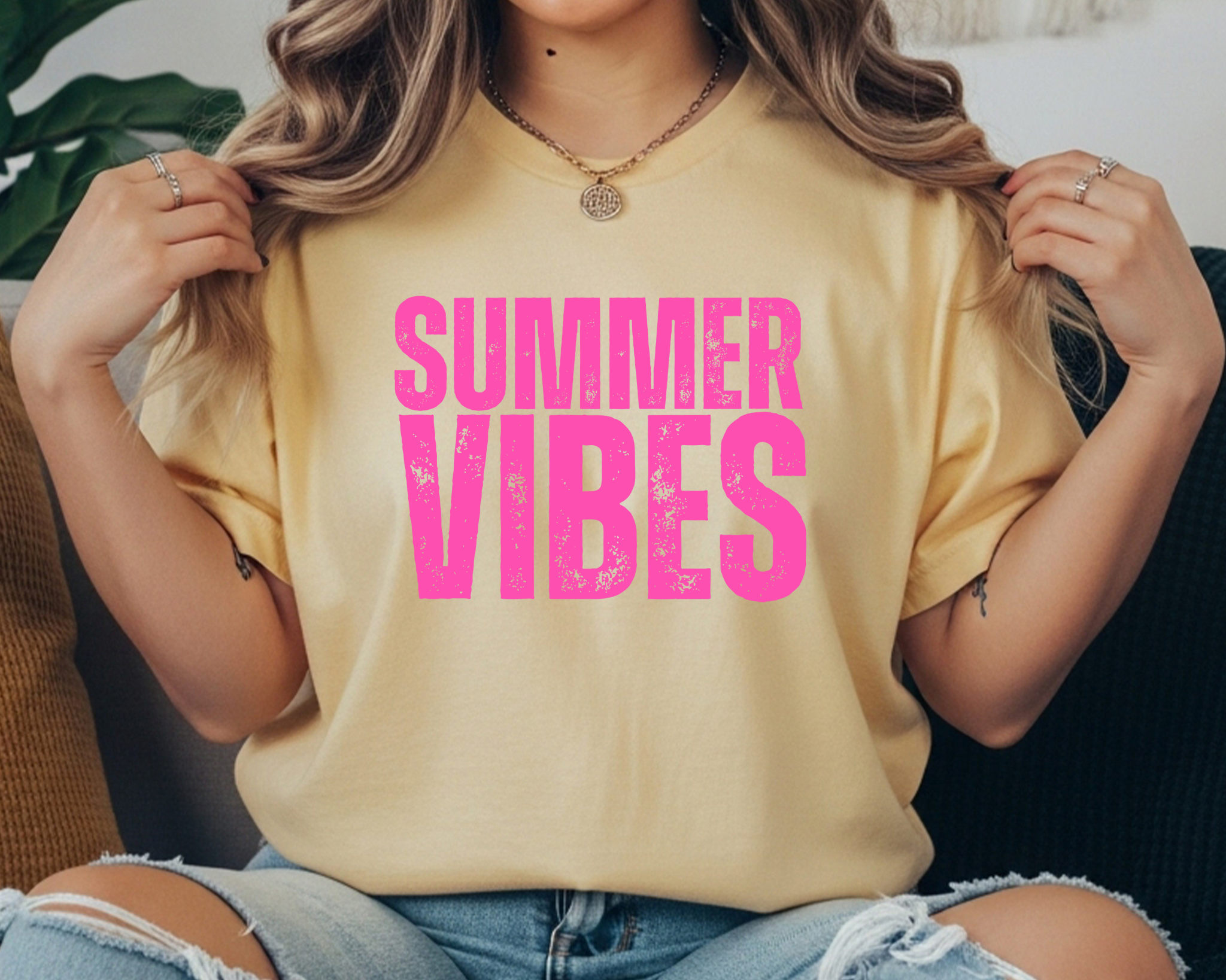 Comfort Colors t-shirt with bright hot pink distressed stacked text that reads “SUMMER VIBES.”