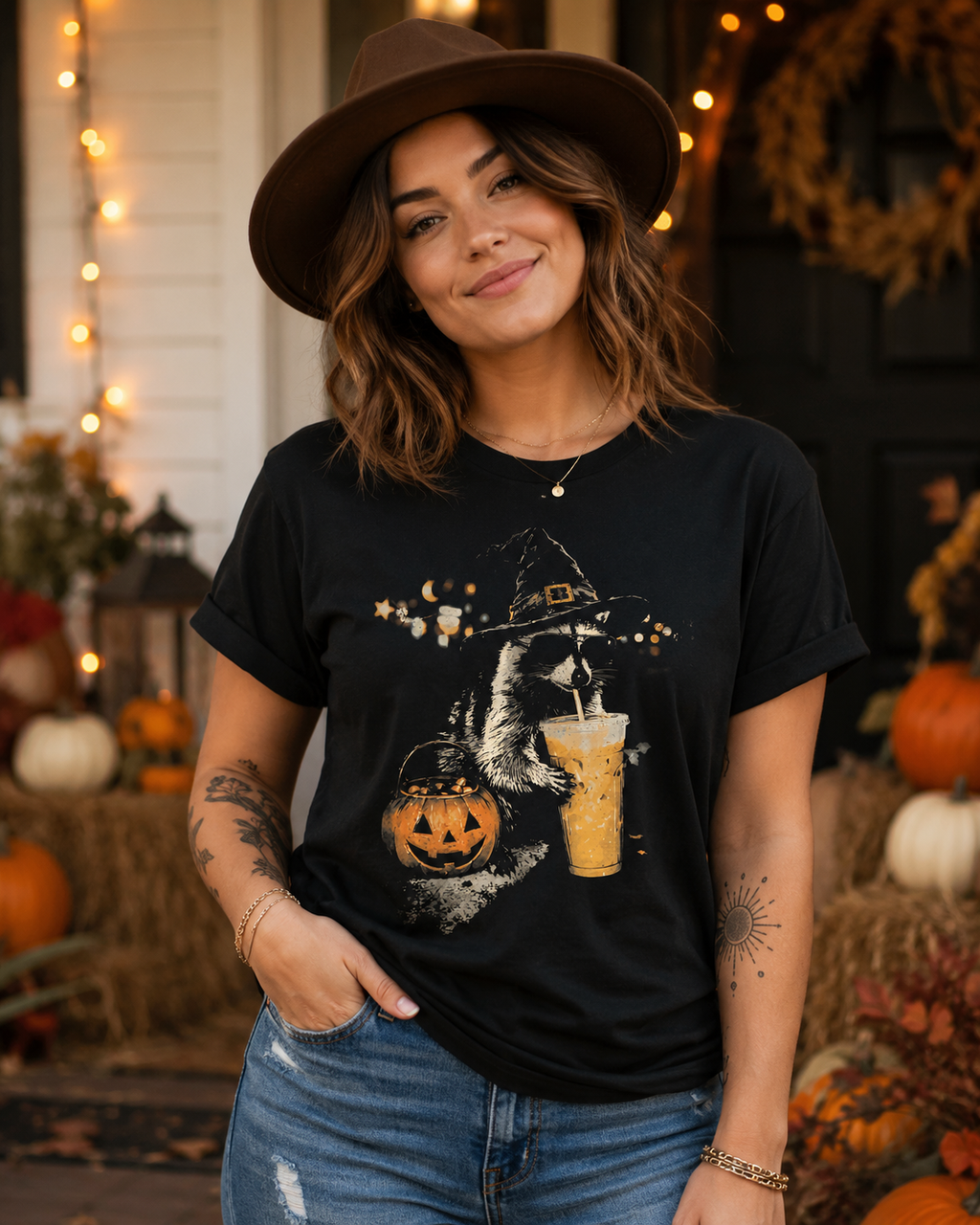 Halloween Raccoon Graphic Tee - Funny Pumpkin Spice Shirt - Spooky Season Gildan Unisex Fit Tee