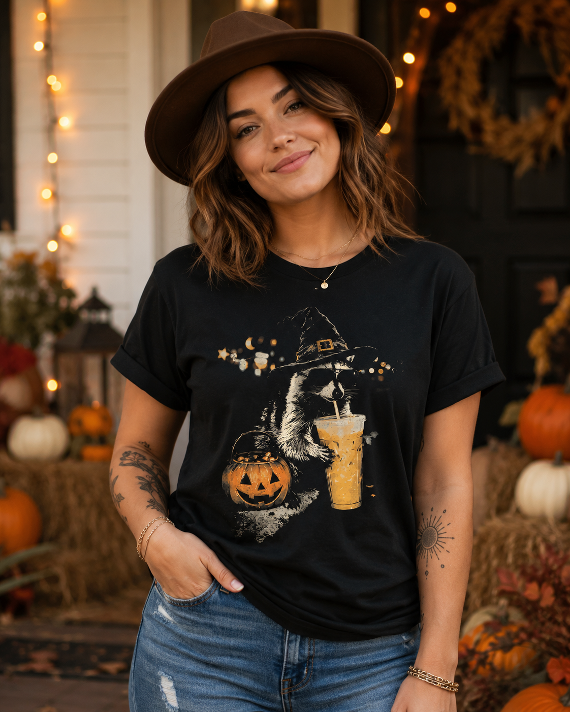 Halloween Raccoon Graphic Tee - Funny Pumpkin Spice Shirt - Spooky Season Gildan Unisex Fit Tee