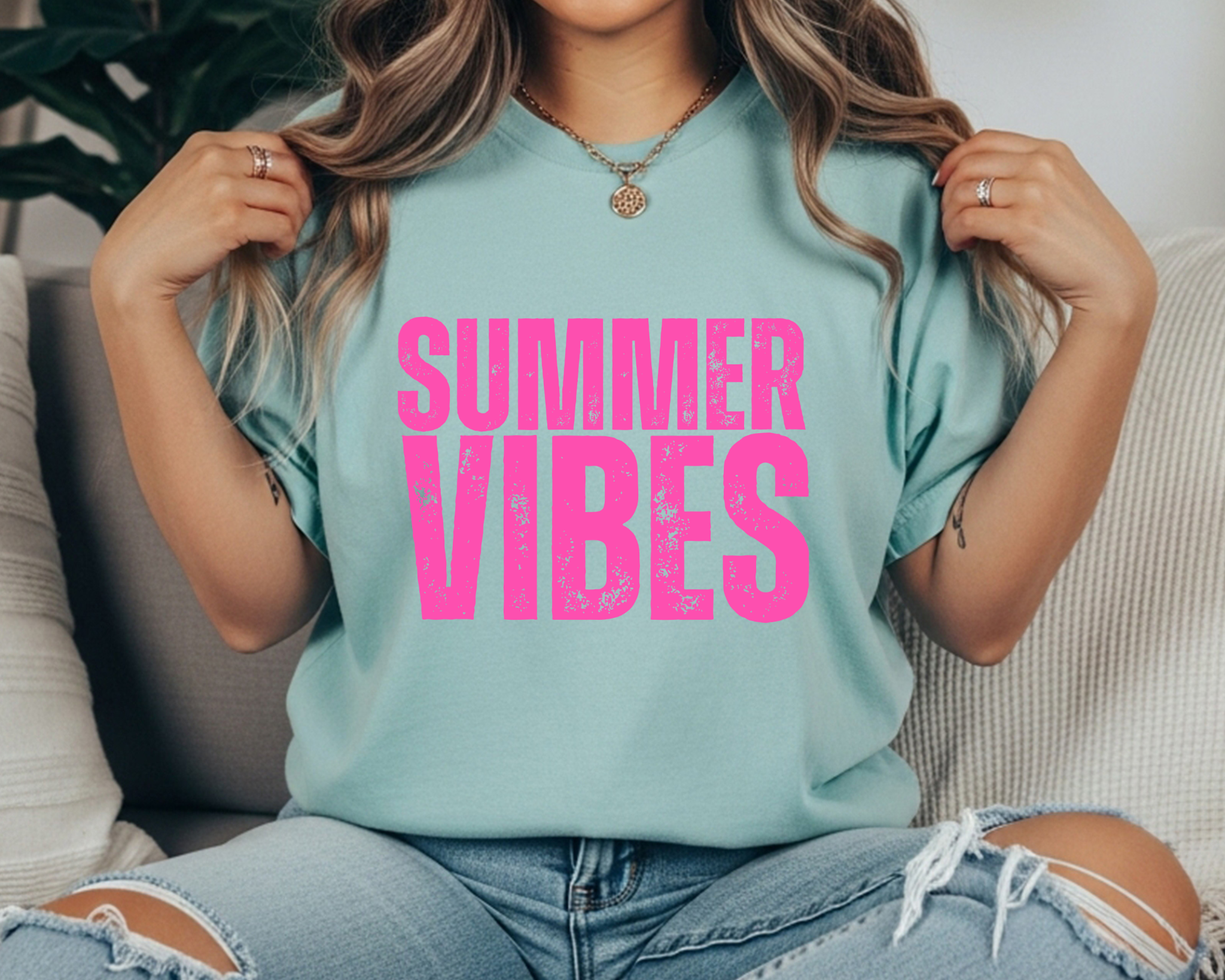 Comfort Colors t-shirt with bright hot pink distressed stacked text that reads “SUMMER VIBES.”