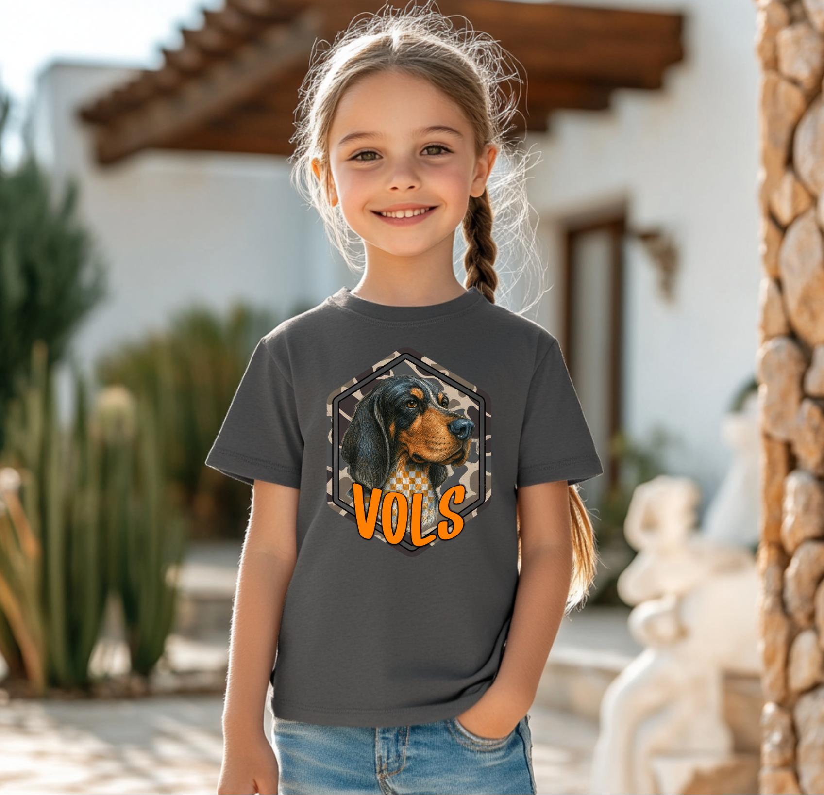 Youth camo Smokey VOLS t-shirt featuring a hound dog graphic with a checkerboard and camo background