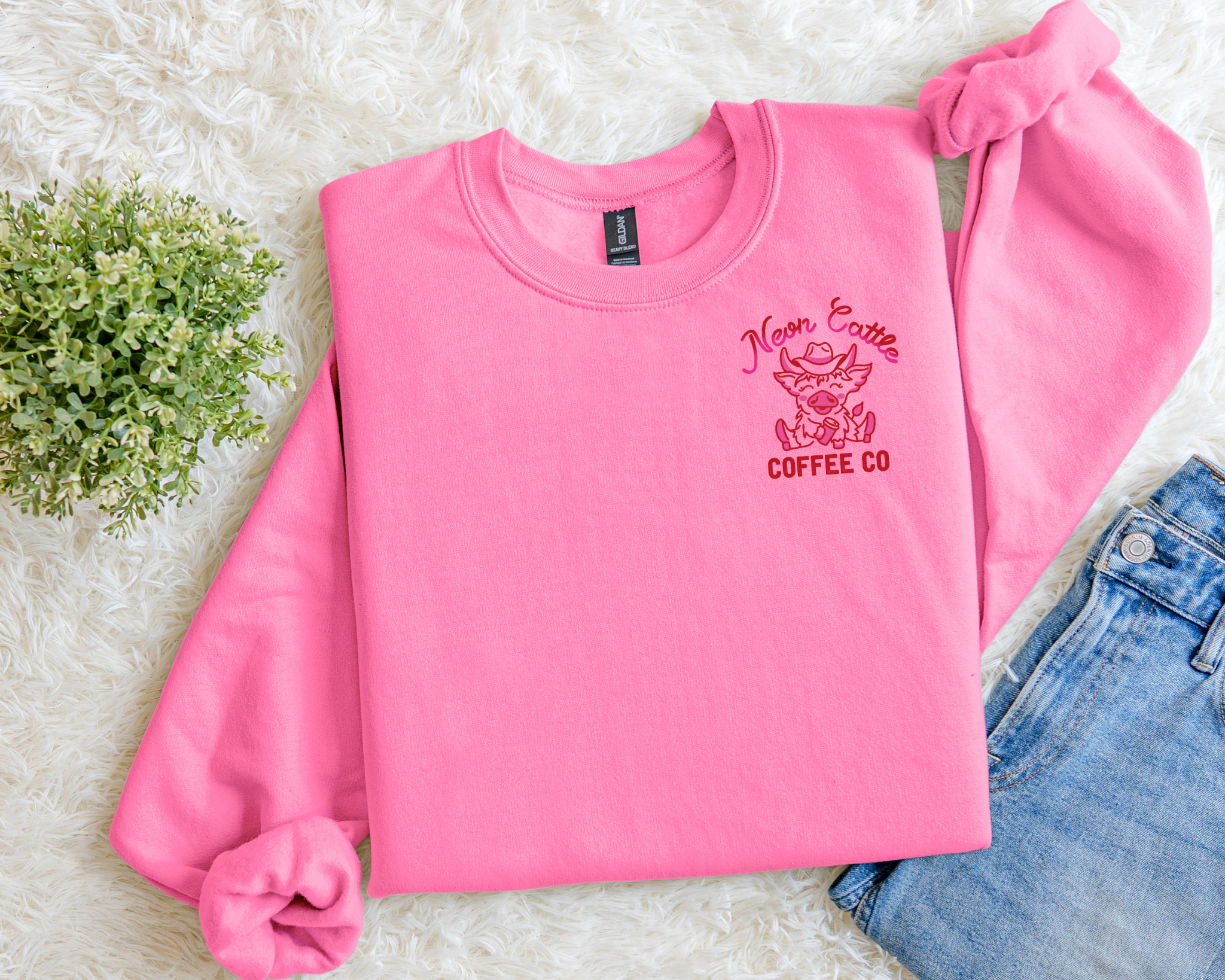 Neon Cattle Coffee Co Pink Cow Logo Crewneck