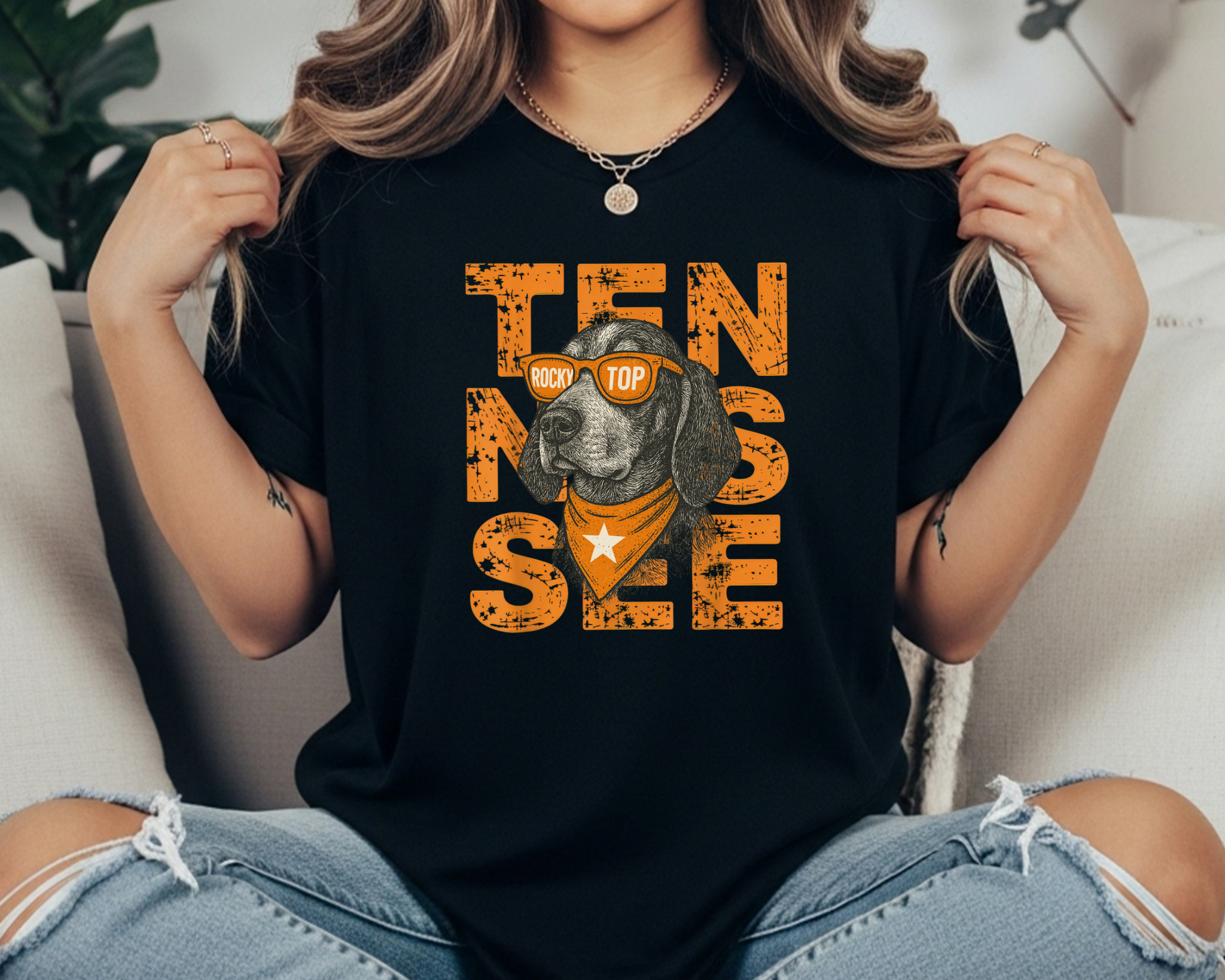 colored Comfort Colors t-shirt featuring distressed orange TENNESSEE text and Smokey in “Rocky Top” sunglasses