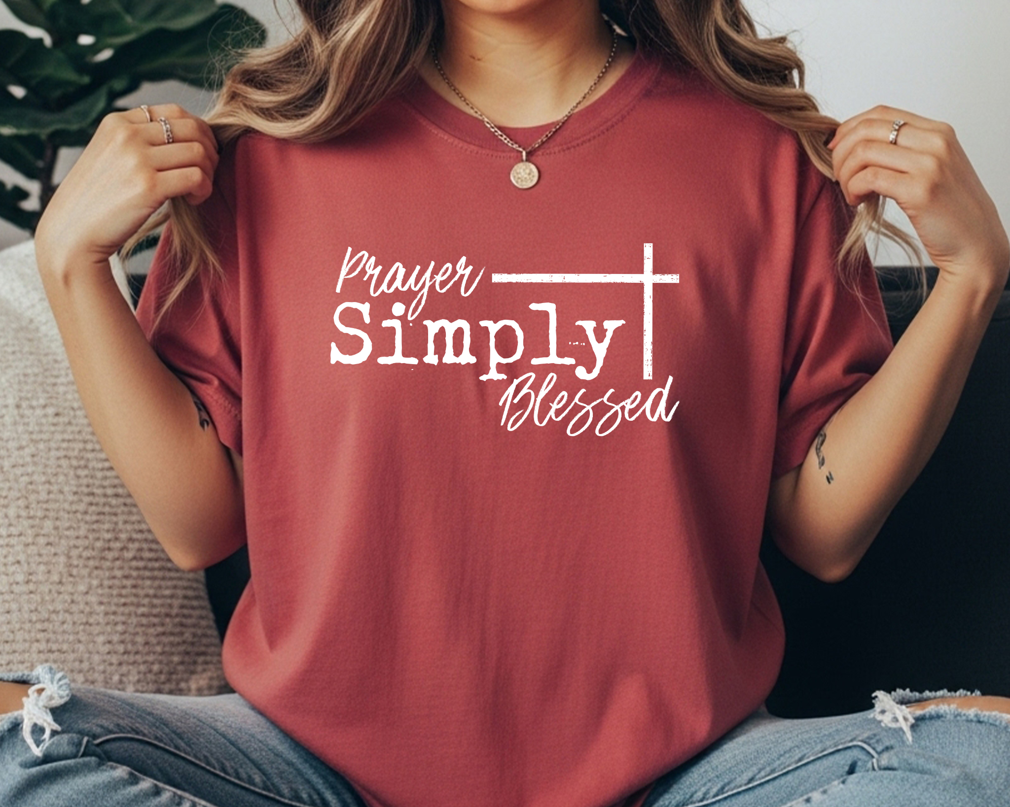 crimson Comfort Colors Christian tee with white text reading “Prayer Simply Blessed” across the front.
