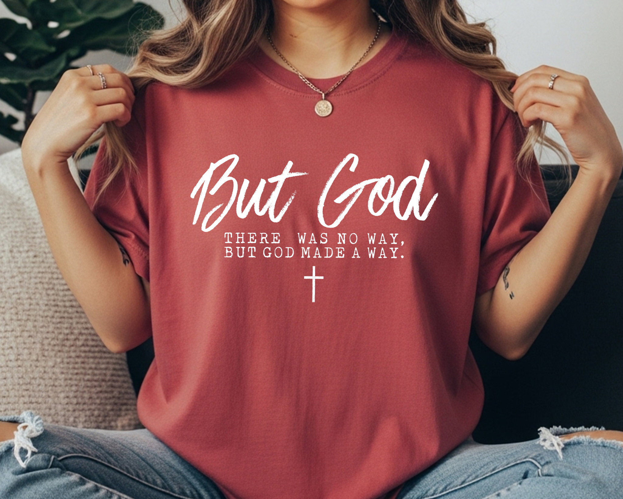 crimson Comfort Colors tee with “But God — There was no way, but God made a way” faith design and cross graphic.