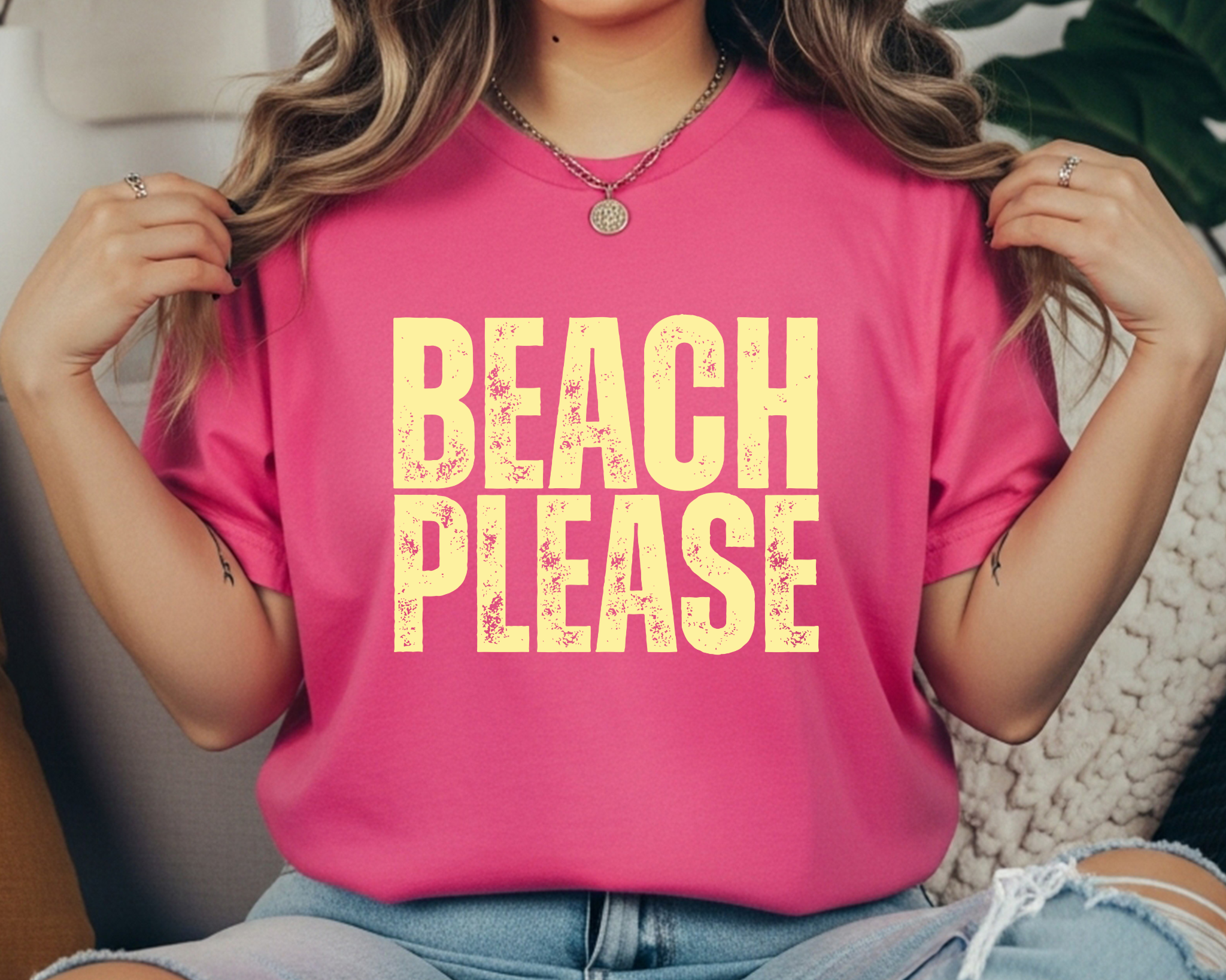 Comfort Colors t-shirt with cream distressed stacked text that reads “BEACH PLEASE.”