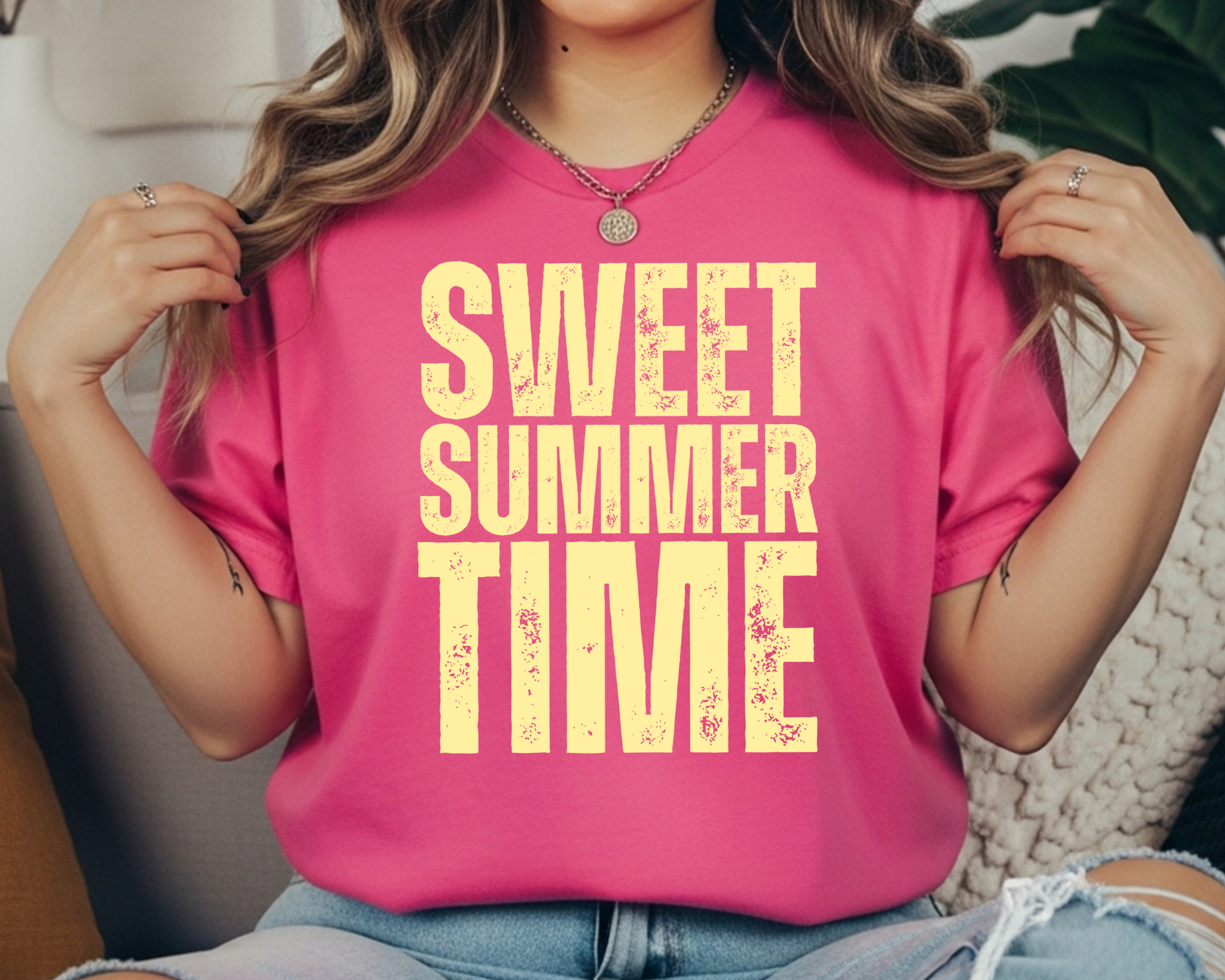 Comfort Colors t-shirt with cream distressed stacked text that reads “SWEET SUMMER TIME.”