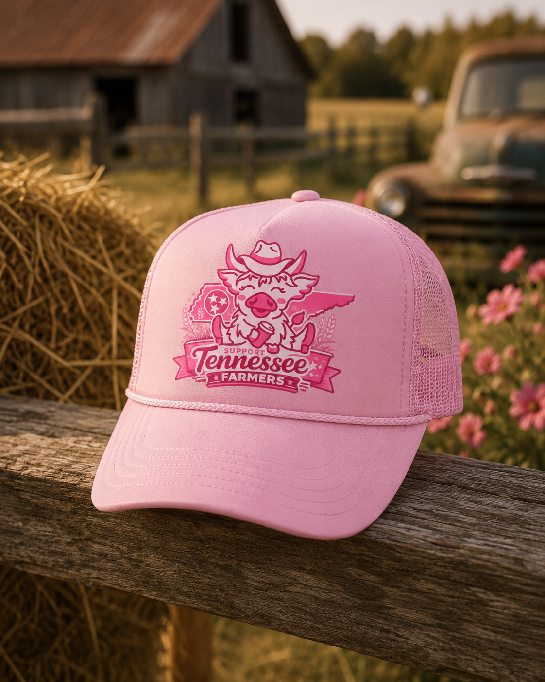 Neon Cattle Coffee Company PINK Support Tennessee Farmers Trucker Hat