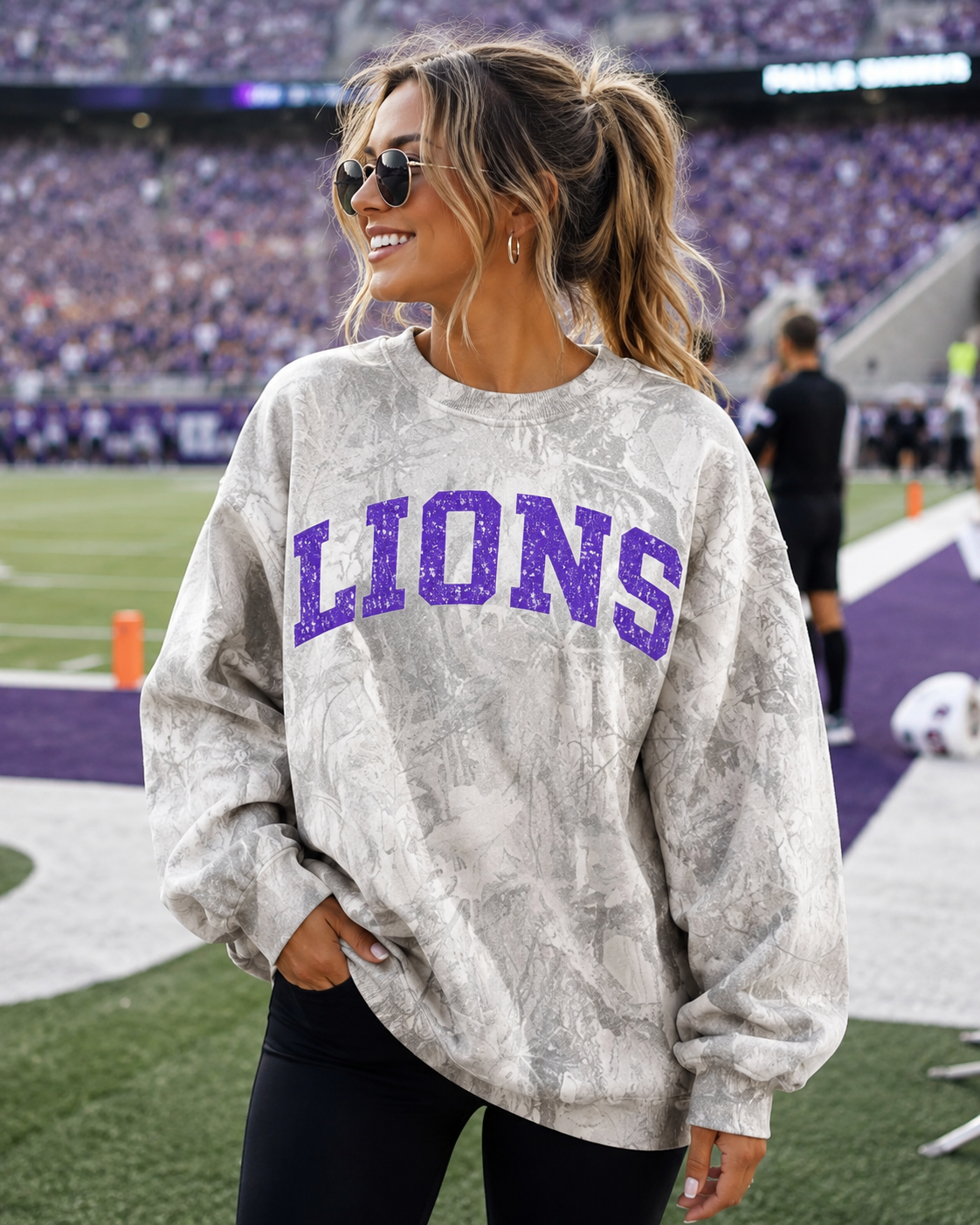LIONS Distressed Camo Sweatshirt - Purple Game Day Crewneck - Boutique Football Pullover