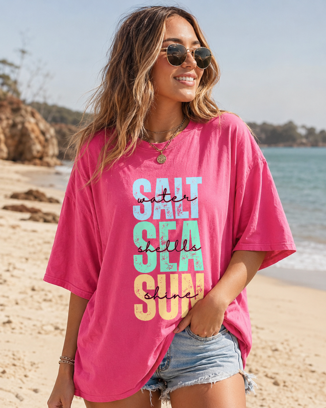 Salt Water Sea Shells Sunshine Comfort Colors Graphic Tee | Colorful Beach Quote Shirt