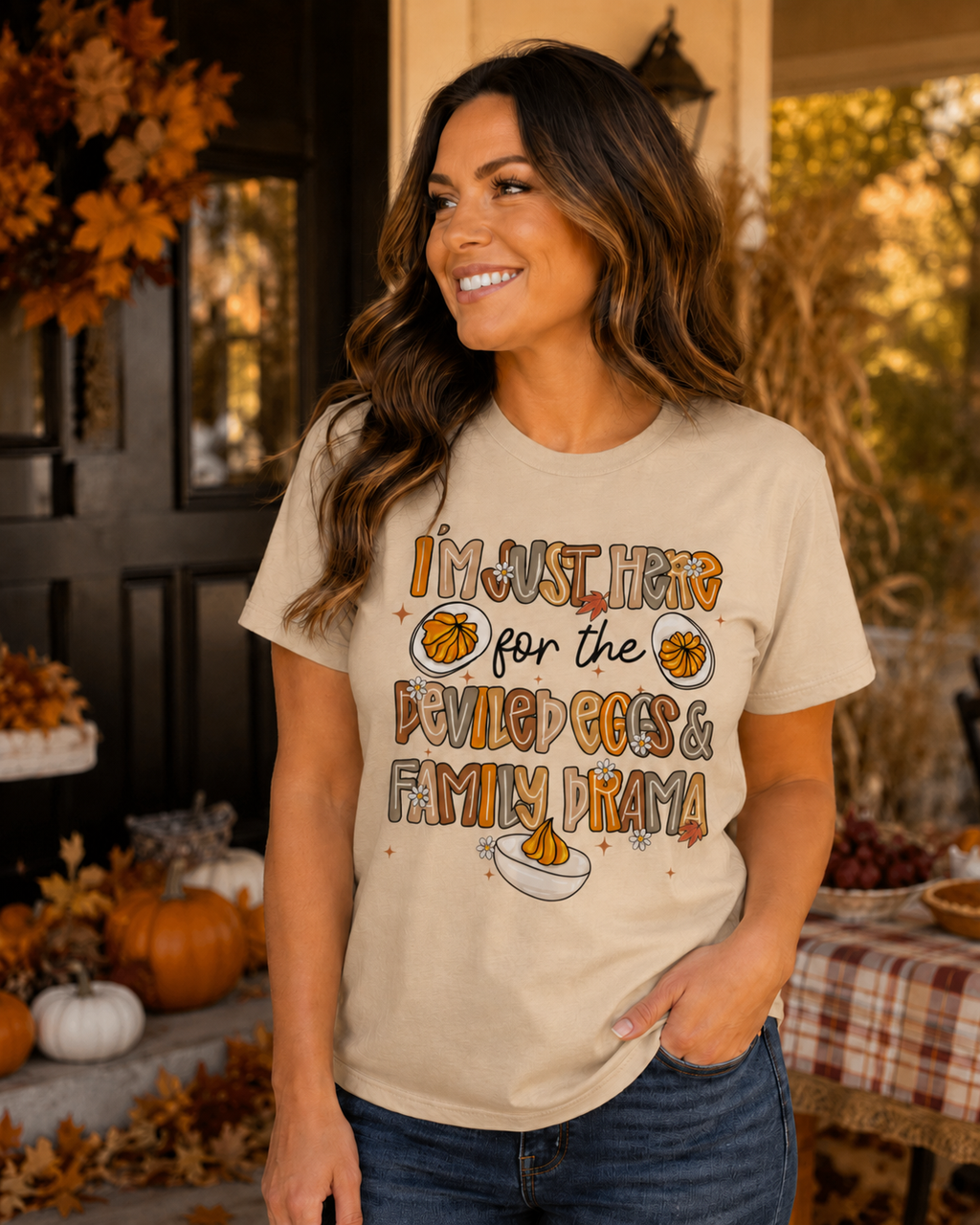 I'm Just Here for the Deviled Eggs and Family Drama Tee - Funny Thanksgiving Shirt - Gildan Unisex Fit Fall Graphic Tee