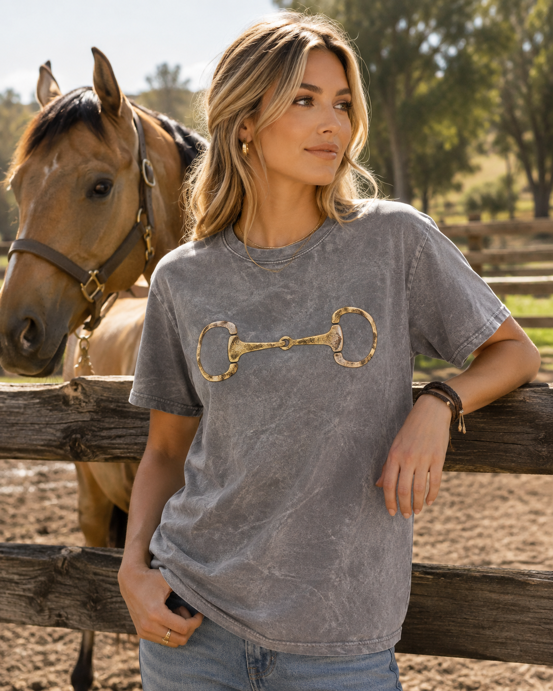 Gold Horse Bit Graphic Tee - Western Boutique Shirt - Vintage Wash Cowgirl Tee