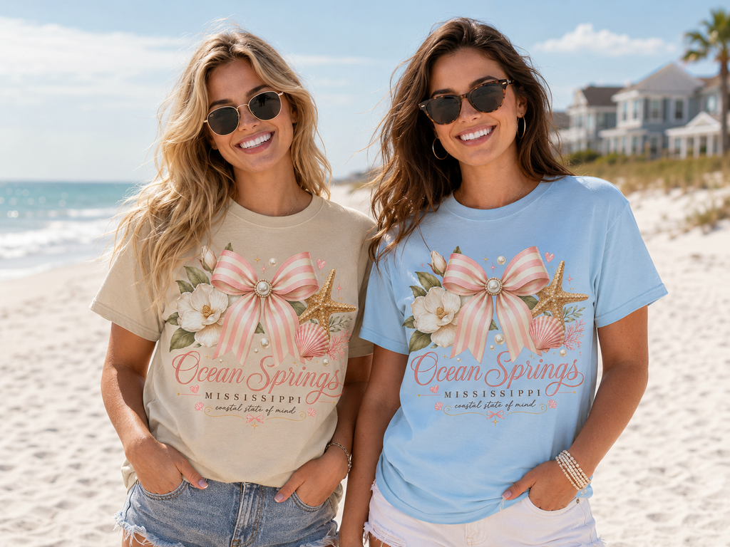 Ocean Springs Mississippi Coastal Bow Graphic Tee | Gildan Beach Vacation Shirt