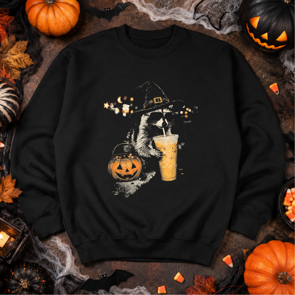 A black crewneck sweatshirt featuring a graphic of a raccoon dressed as a witch holding a jack-o'-lantern and a drink, presented in a Halloween-themed flat lay with pumpkins, spiderwebs, and autumn leaves.