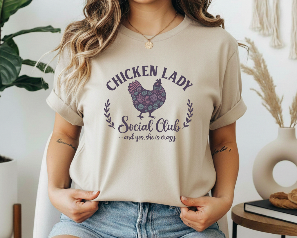 Chicken Lady Social Club Graphic Tee – Funny Backyard Chicken Shirt – Farm Life Chicken Mom T-Shirt – Homestead Humor Tee