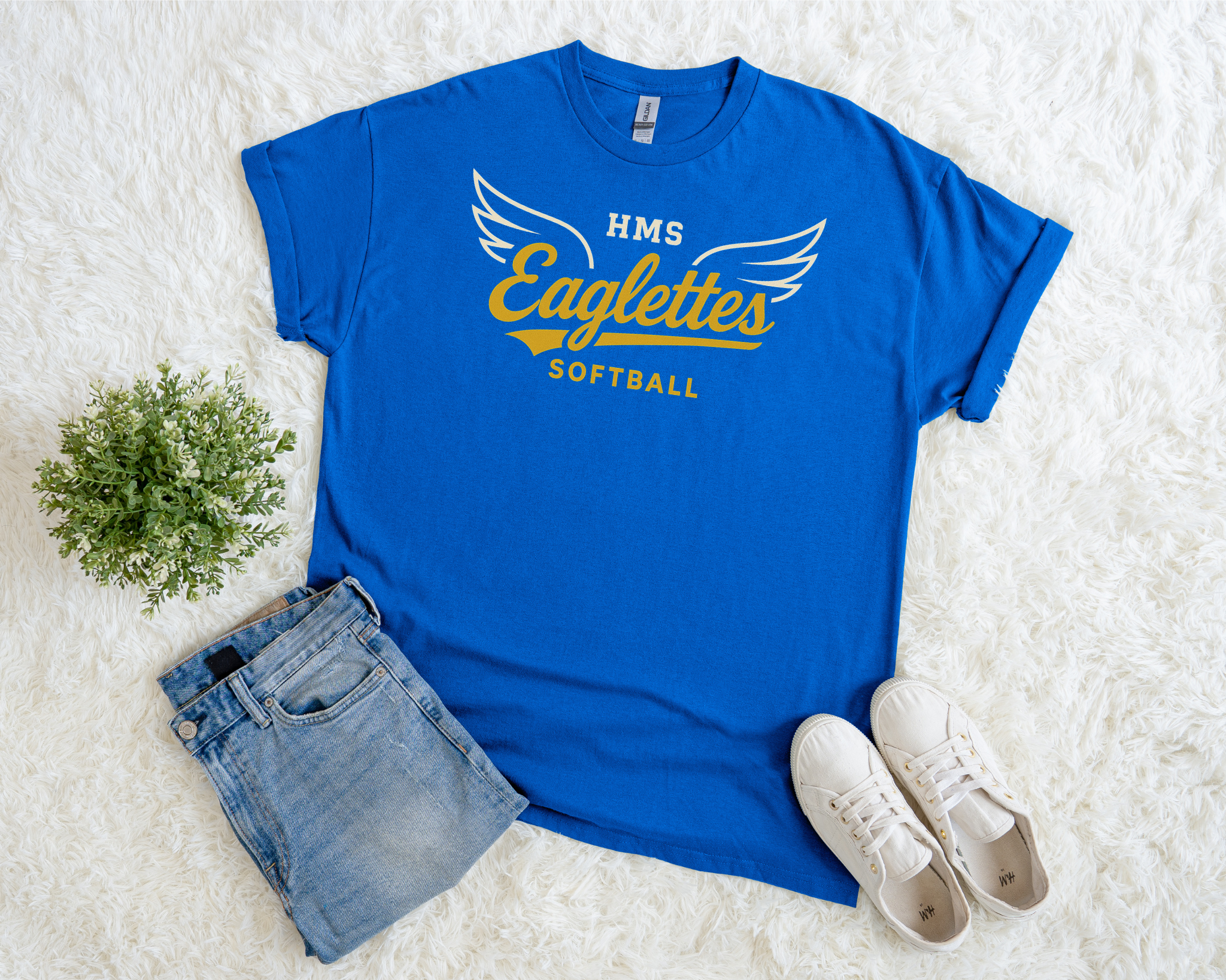 HMS Eaglettes Softball T-Shirt | Winged Script Team Tee in Royal Blue