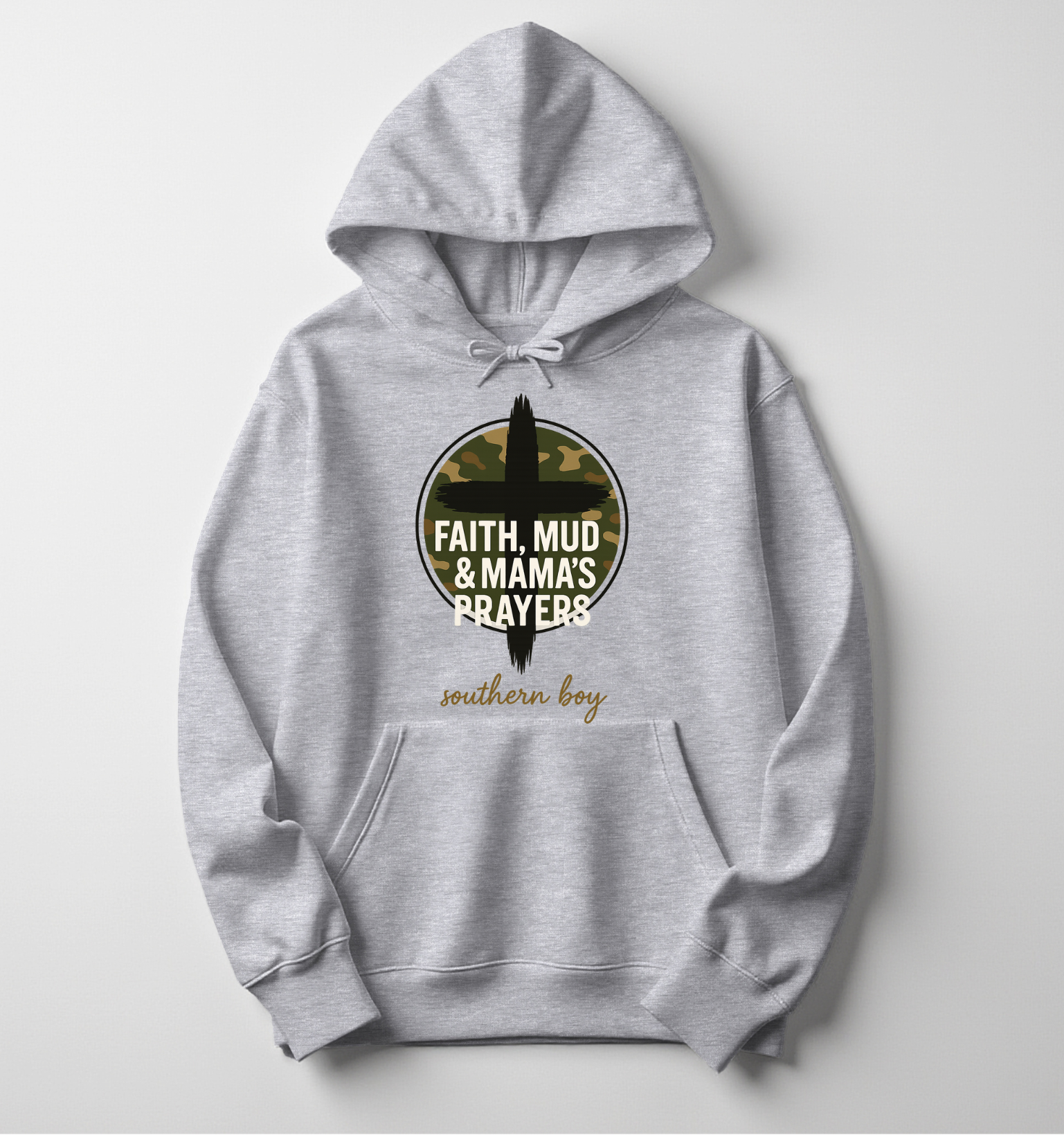 Youth gray hoodie featuring “Faith, Mud & Mama’s Prayers” in bold white letters over a black cross and camo background with “Southern Boy” in gold script. Cozy fleece pullover for kids, no drawstrings for safety.