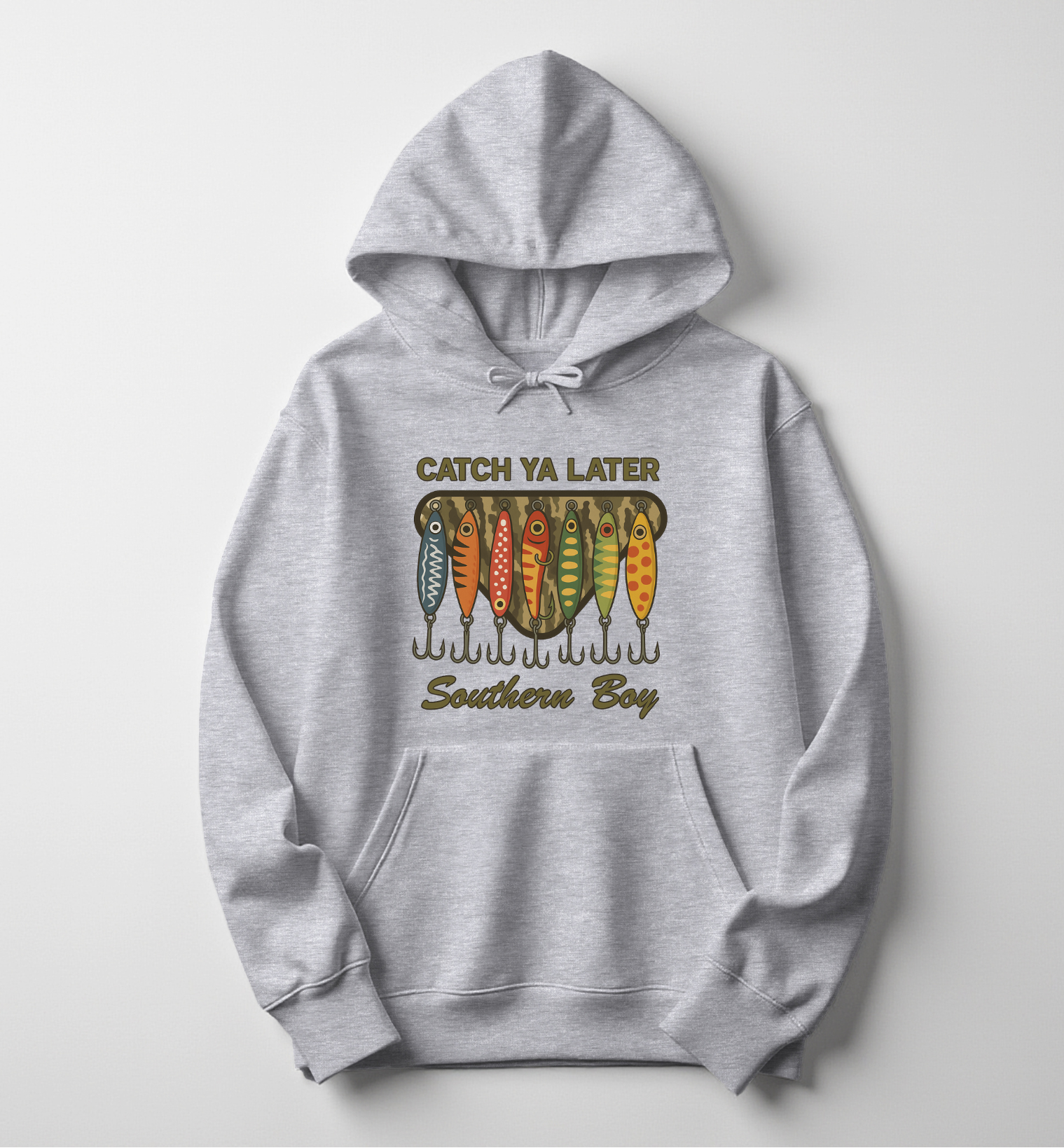 Youth gray hoodie featuring a row of colorful vintage fishing lures with “Catch Ya Later Southern Boy” text in olive green. Cozy fleece sweatshirt for kids who love the outdoors — no drawstrings for safety.