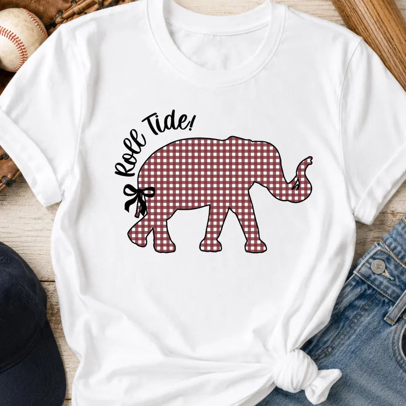 Roll Tide Gingham Elephant Graphic Tee - Alabama Game Day Shirt - Gildan Unisex Fit Boutique Football Tee