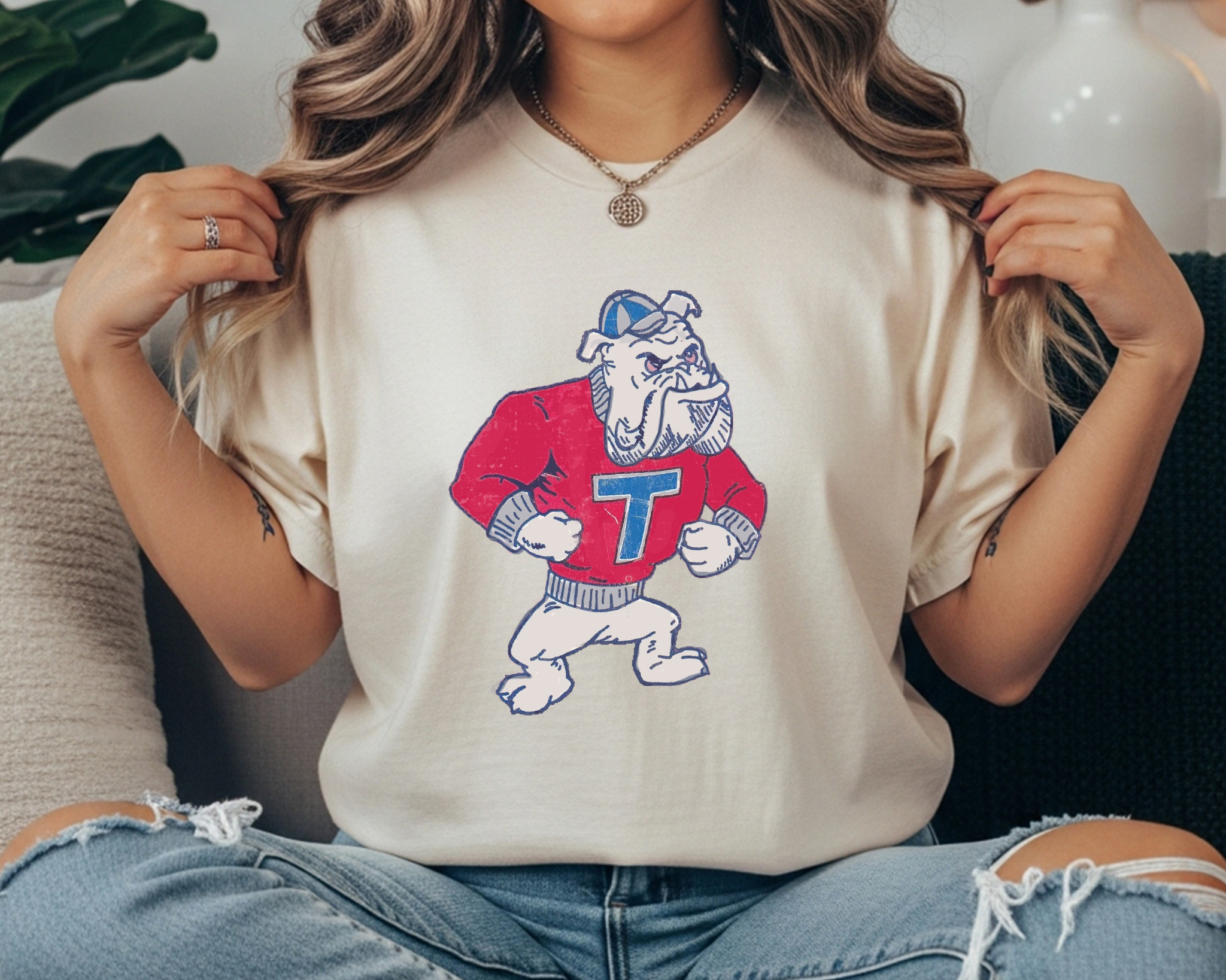 Louisiana Tech Bulldogs Comfort Colors t-shirt in slate blue featuring a vintage standing bulldog mascot wearing a red sweater with a T logo.