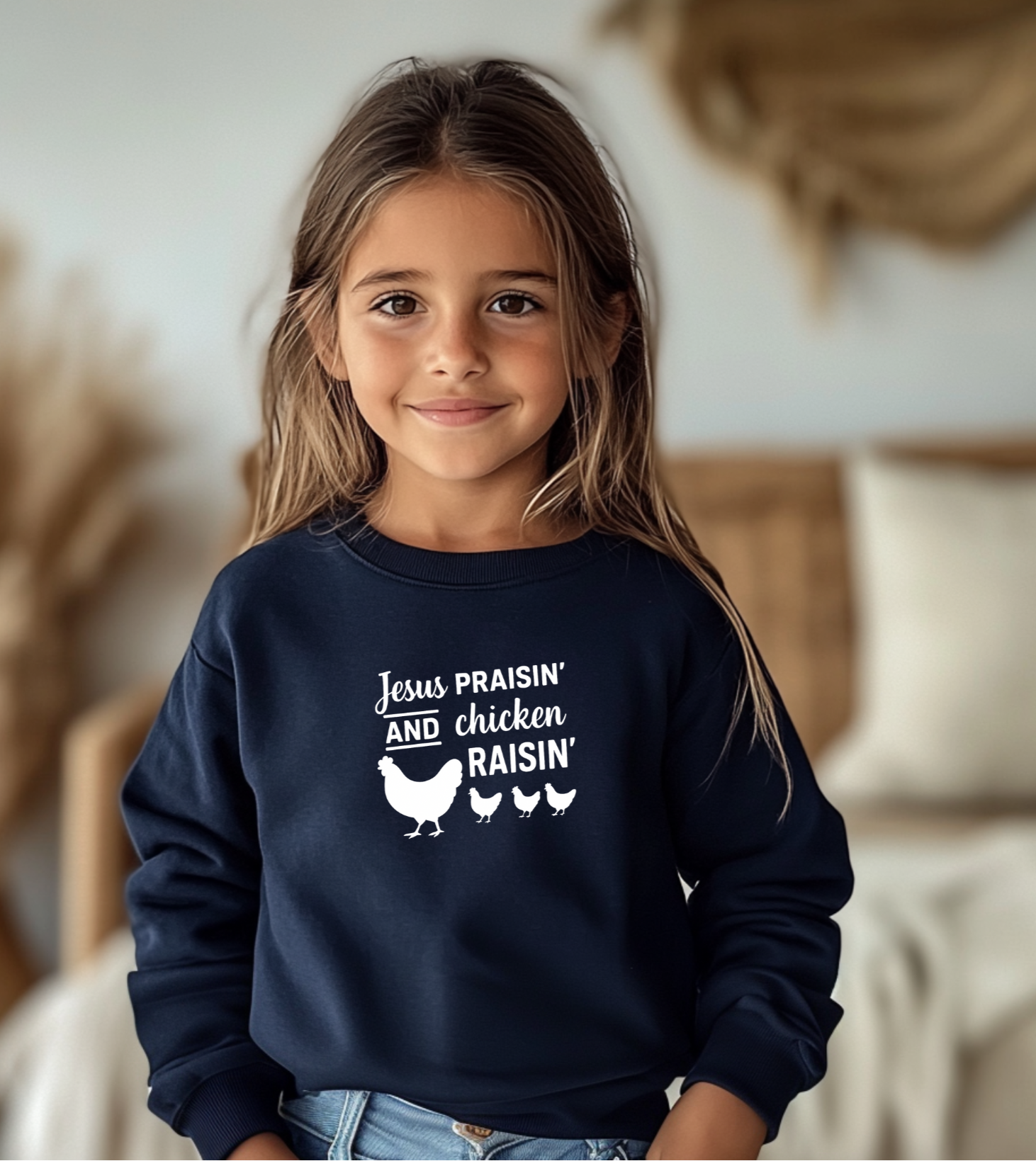 Jesus Praisin’ & Chicken Raisin’ Youth Sweatshirt – Funny Chicken Farm Kid Crewneck – Farm Life Youth Pullover