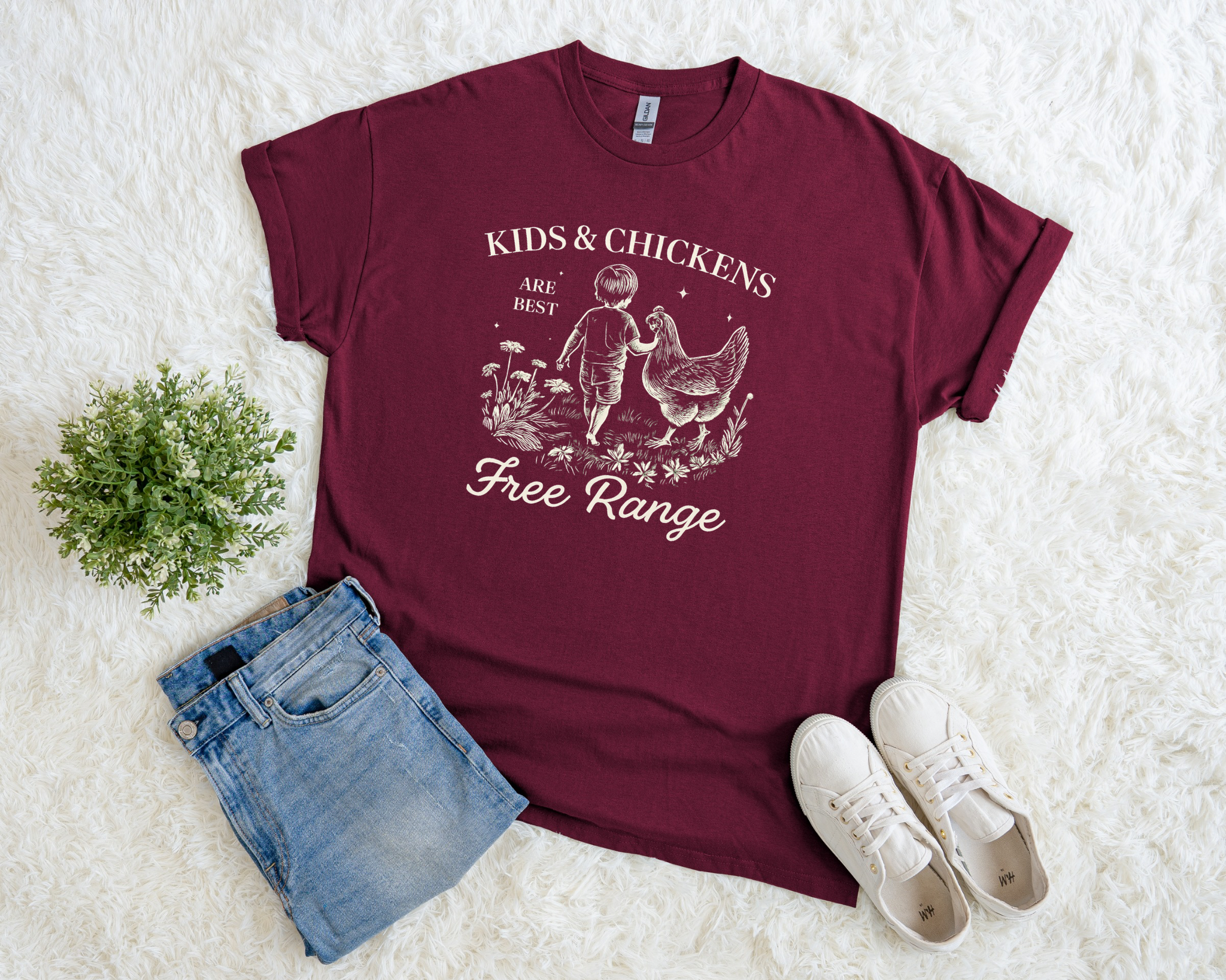kids and chickens are best free range tshirt maroon
