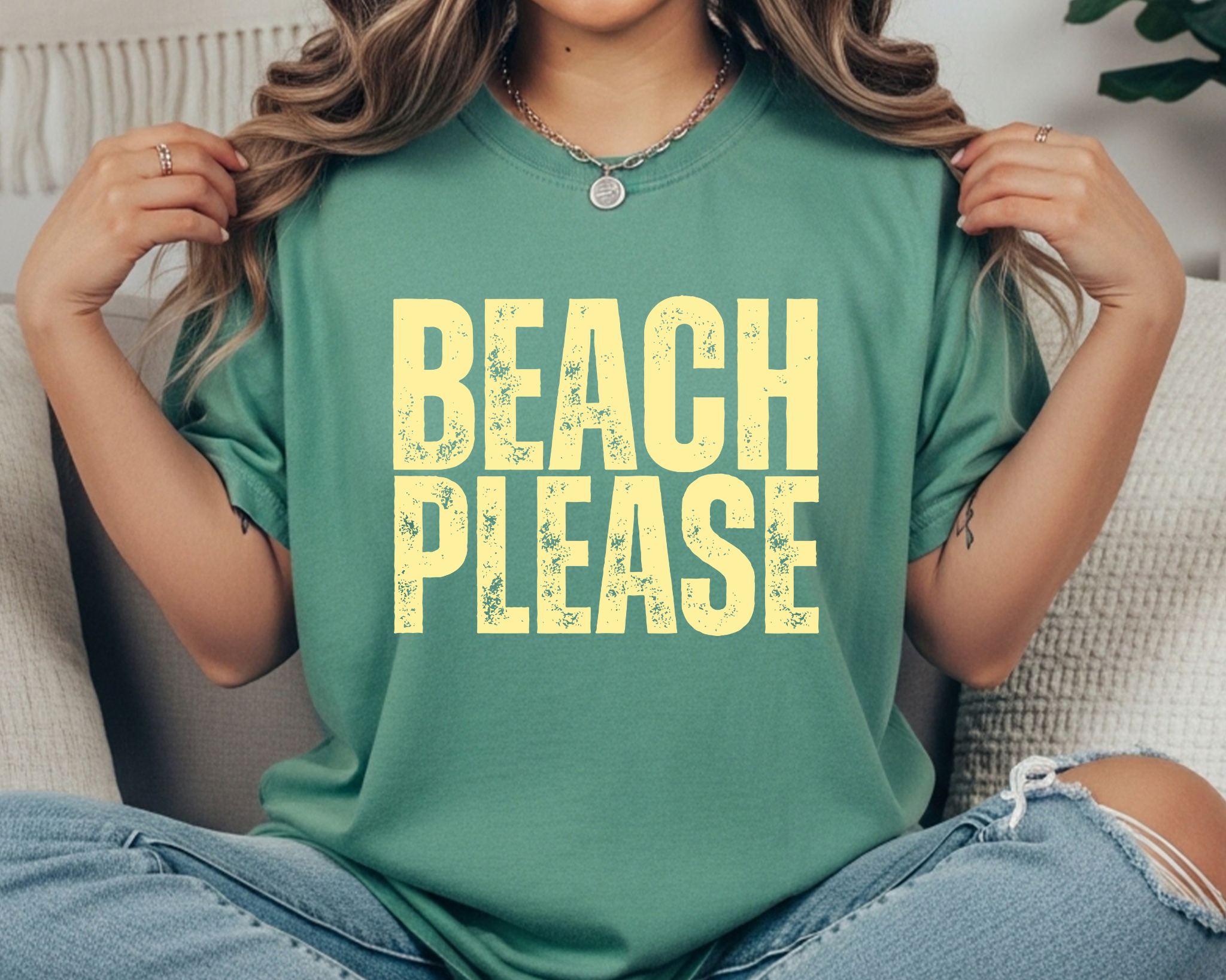 Comfort Colors t-shirt with cream distressed stacked text that reads “BEACH PLEASE.”