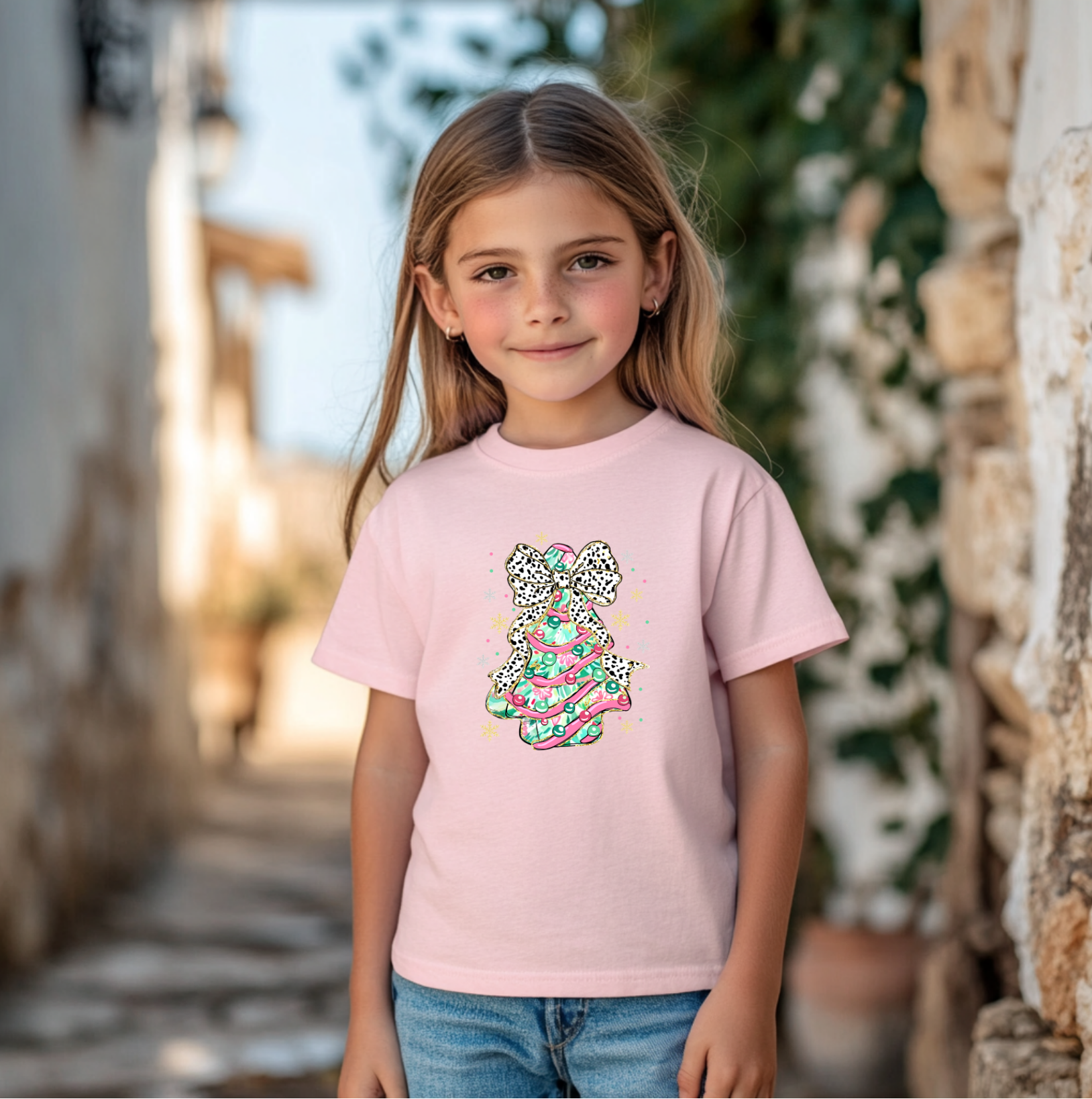 A young girl wearing a light pink t-shirt featuring a colorful Christmas tree design with a leopard bow, smiling outdoors in a charming stone walkway.