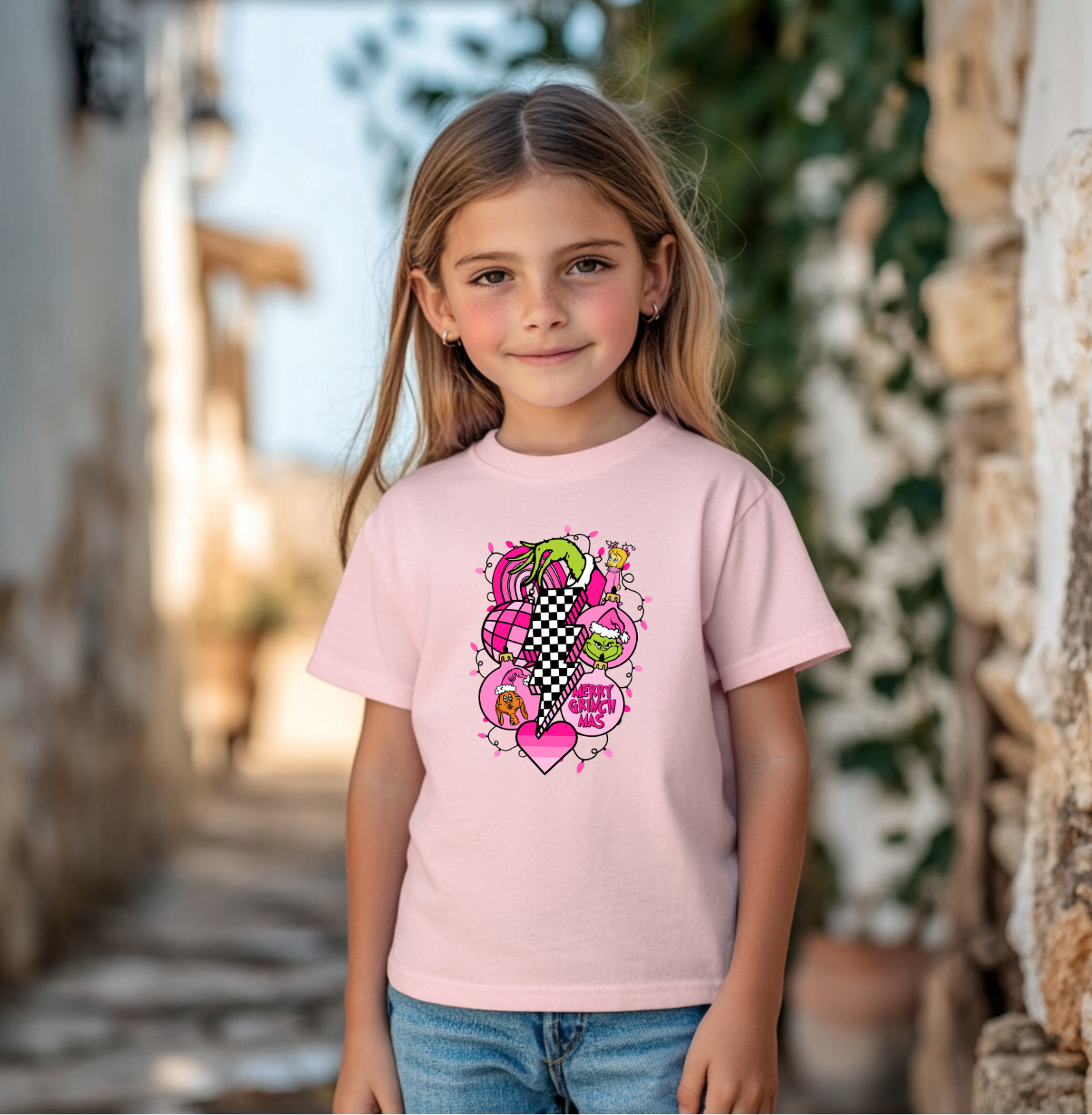 A young girl wearing a light pink t-shirt featuring a colorful “Merry Grinchmas” checker heart design with bright pink and green holiday details, smiling outdoors in a stone walkway.