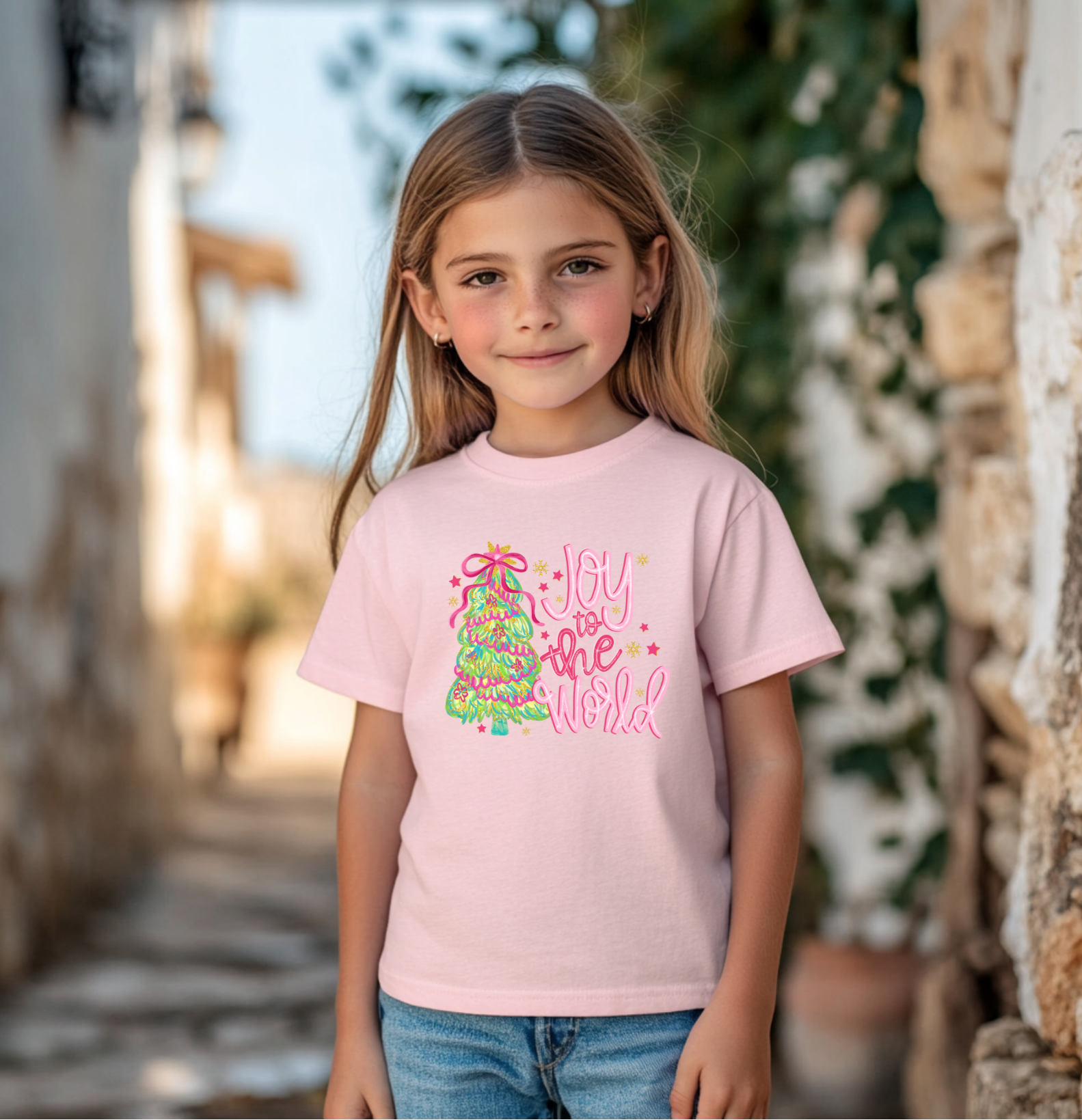 A young girl wearing a light pink t-shirt featuring a festive “Joy to the World” Christmas tree design, smiling outdoors in a charming stone walkway setting.